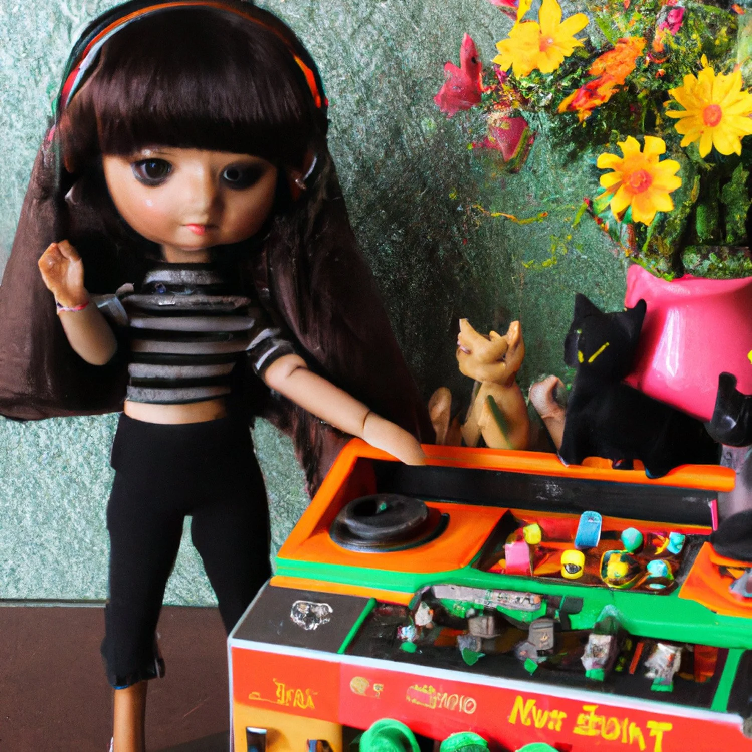 DALL·E 2022-11-26 12.26.59 - black cat stuffed animals playing analog synthesizers, brown haired cute happy girl dolls, professional, vintage, diorama, overhead, midcentury modern.jpg