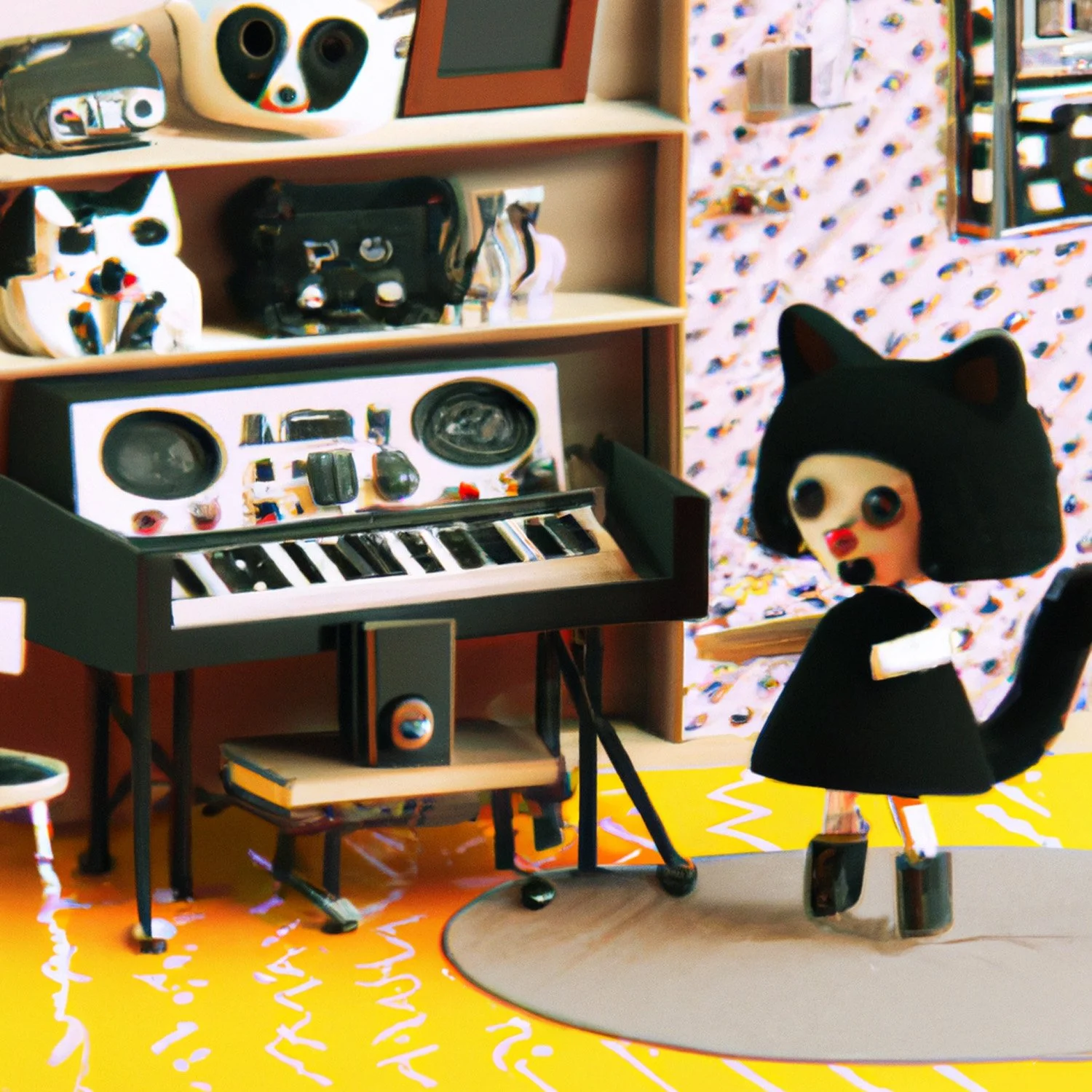 DALL·E 2022-12-01 13.50.59 - 3d, roy lichtenstein, cute happy girl doll, black cat stuffed animal, playing analog synthesizers, midcentury modern room, diorama.jpg