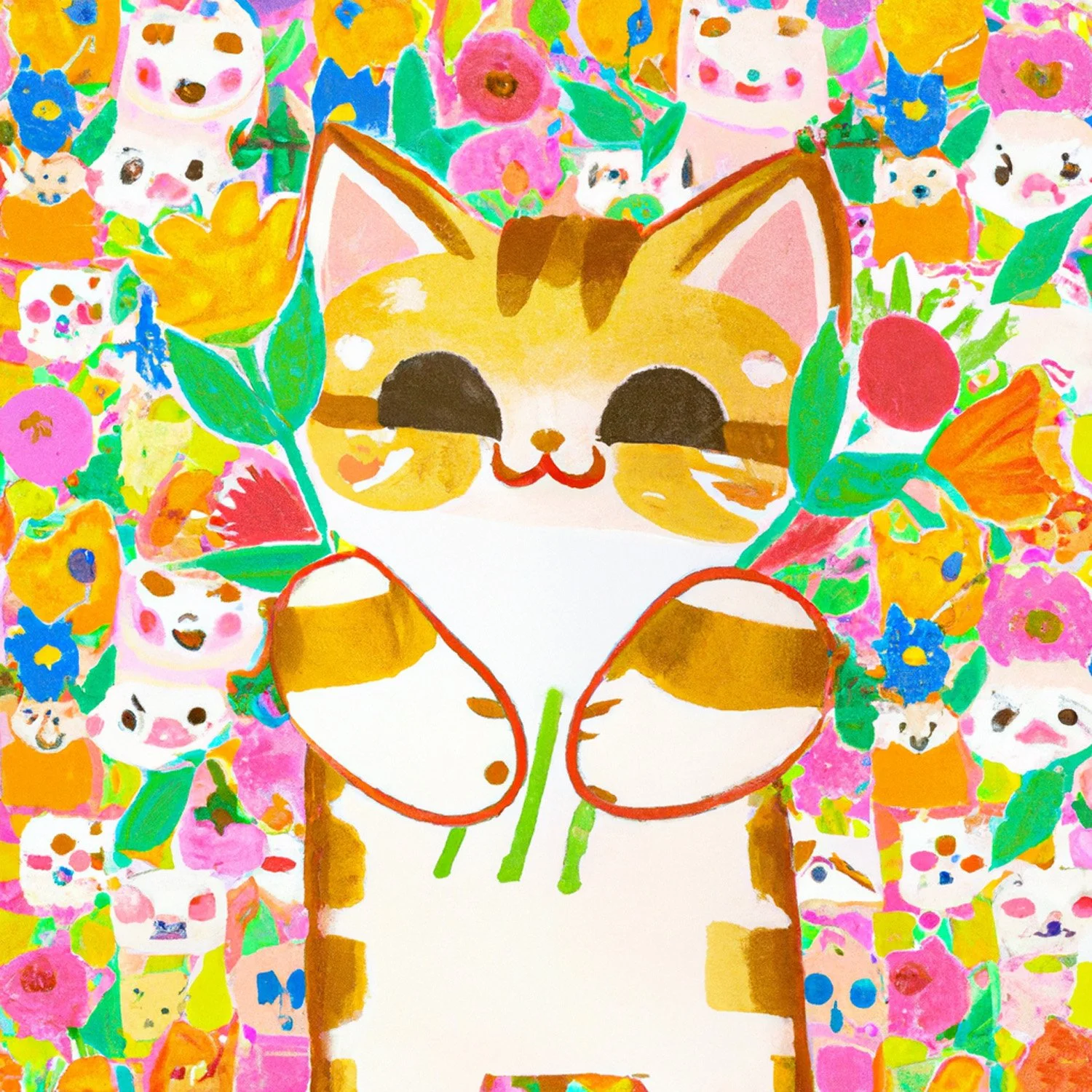 DALL·E 2022-12-02 12.51.19 - pastel, silkscreen, risograph, cute colorful kitty holding many flowers, background is a wall of flowers and more cats.jpg