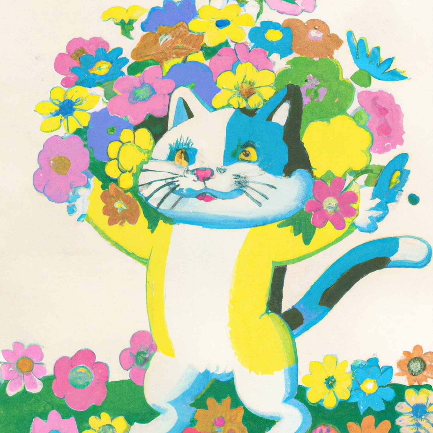DALL·E 2022-12-02 12.52.11 - pastel, vintage children's book illustration, grainy and retro, silkscreen, risograph, cute colorful kitty holding many flowers, background is a wall .jpg