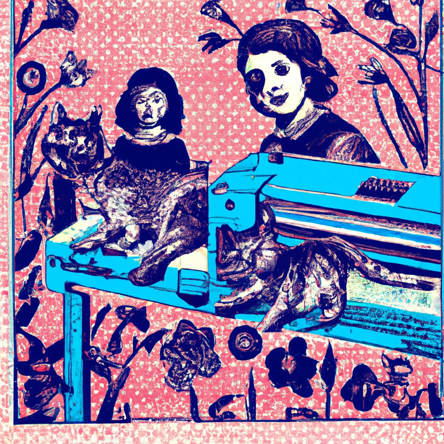 DALL·E 2022-12-02 12.24.34 - mimeograph vintage illustration, misaligned silk screen, field of cats and vintage dolls and flowers, pop art.jpg