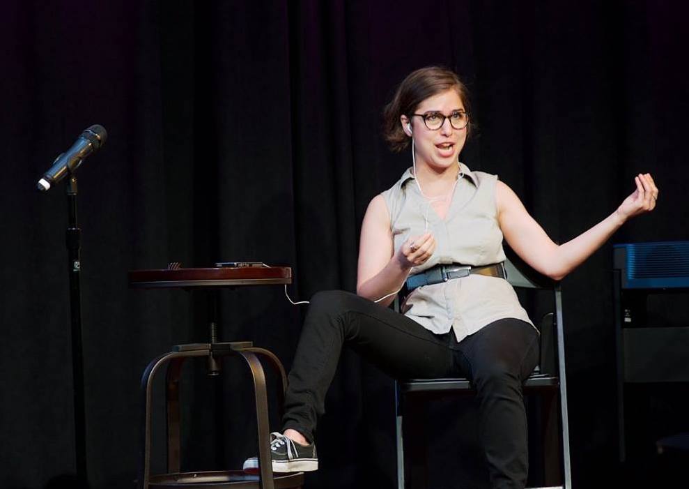 Performing an excerpt of Polylogues at Caveat in May 2018. Photo: Rachel Hamburg.