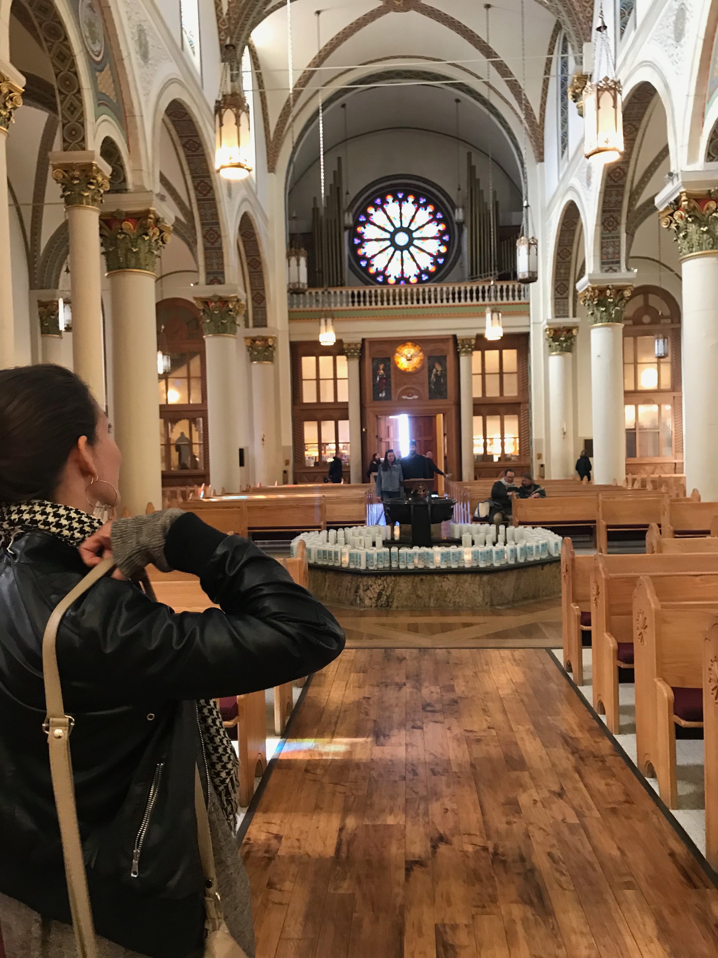  The arches and rose window of the Cathedral Basilica of Saint Francis of Assisi. 