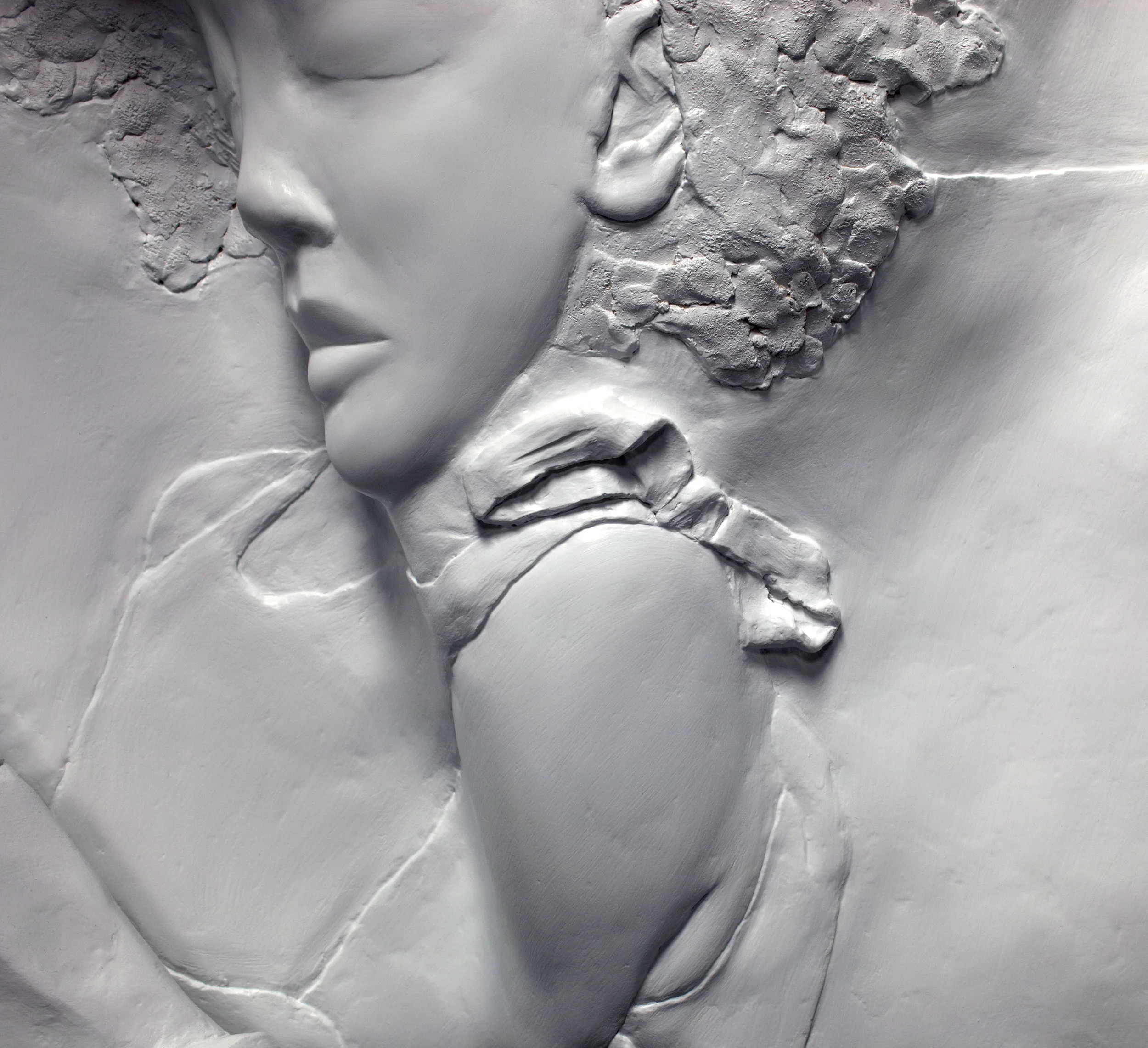 DETAIL Girl with Bird , 2013 Plaster, burlap, wood 31 x 36 x 8 inches