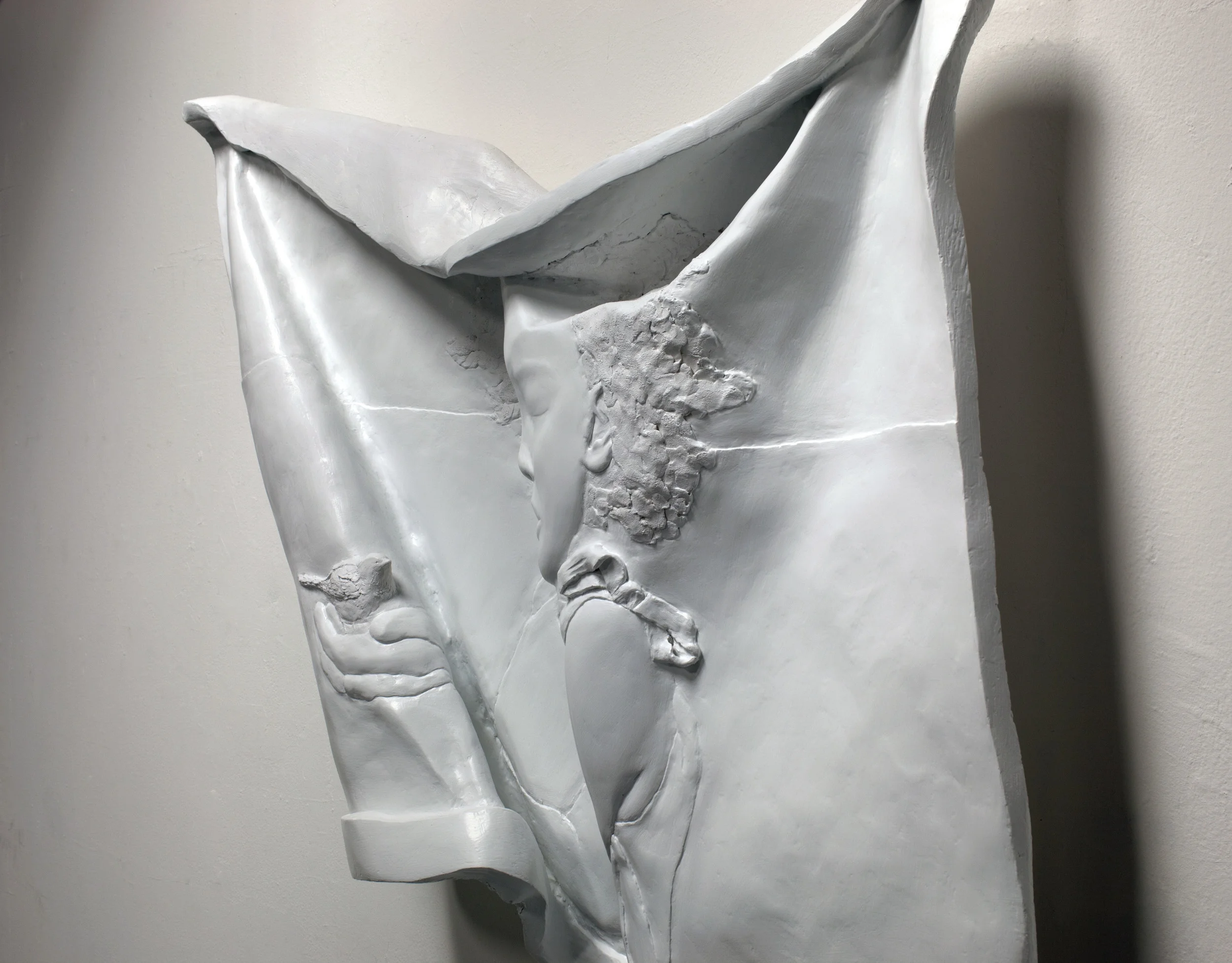 DETAIL Girl with Bird , 2013 Plaster, burlap, wood 31 x 36 x 8 inches