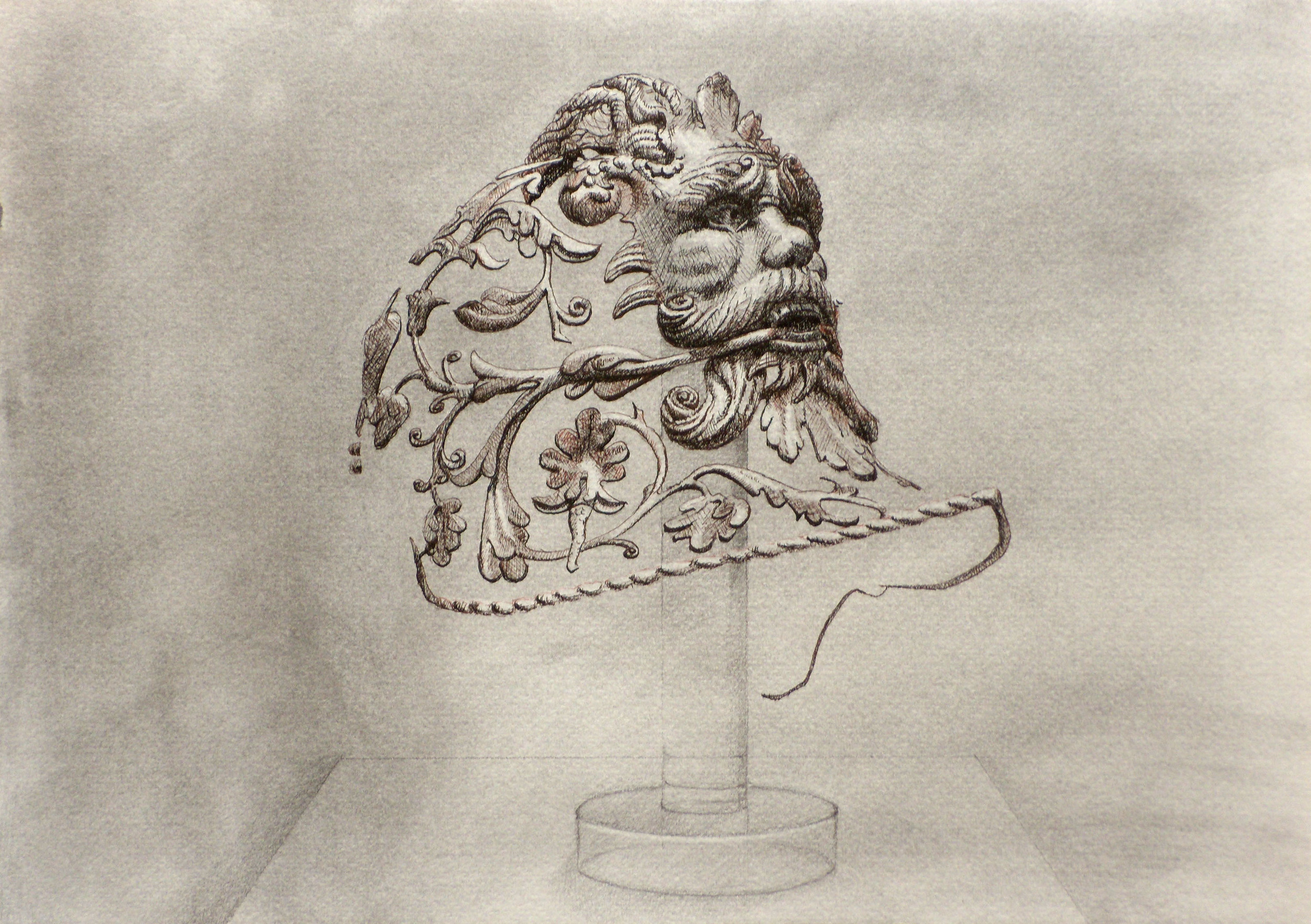   Isolated Helmet Decoration  &nbsp;I , 2010 Graphite, charcoal, black and brown pen on paper 8 x 11 1/2 inches 