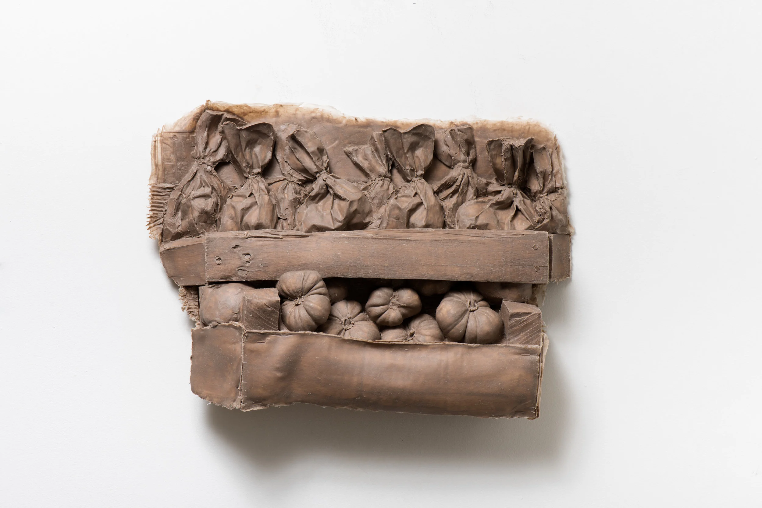 Still Life with Heirloom Tomatoes , 2017 Acrylic, clay pigment, cloth, and gypsum cement 19 x 13 x 4 1/2 inches