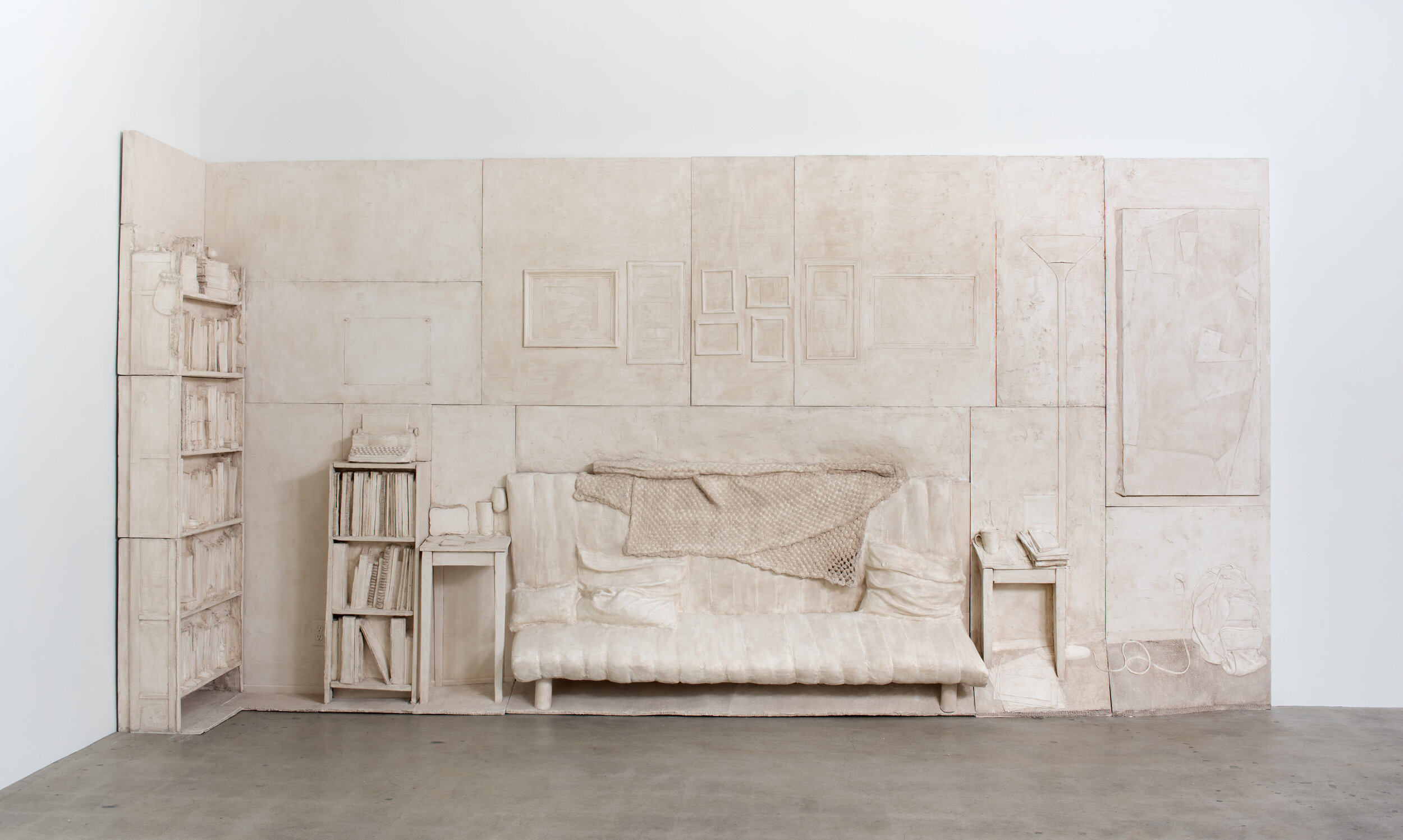   Live/Work , 2019  Gypsum cement, burlap, and wood  96 x 192 x 36 inches 