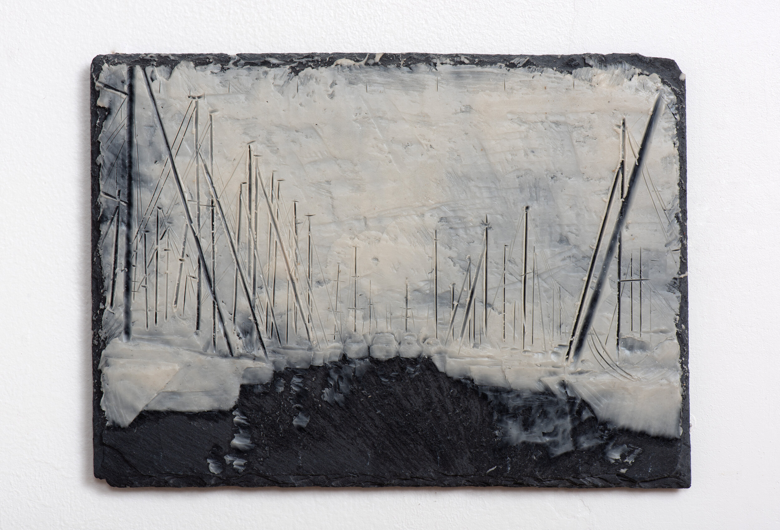   Postcard I , 2019  Encaustic on slate  6 1/4 x 8 1/2 x 1/4 inches 