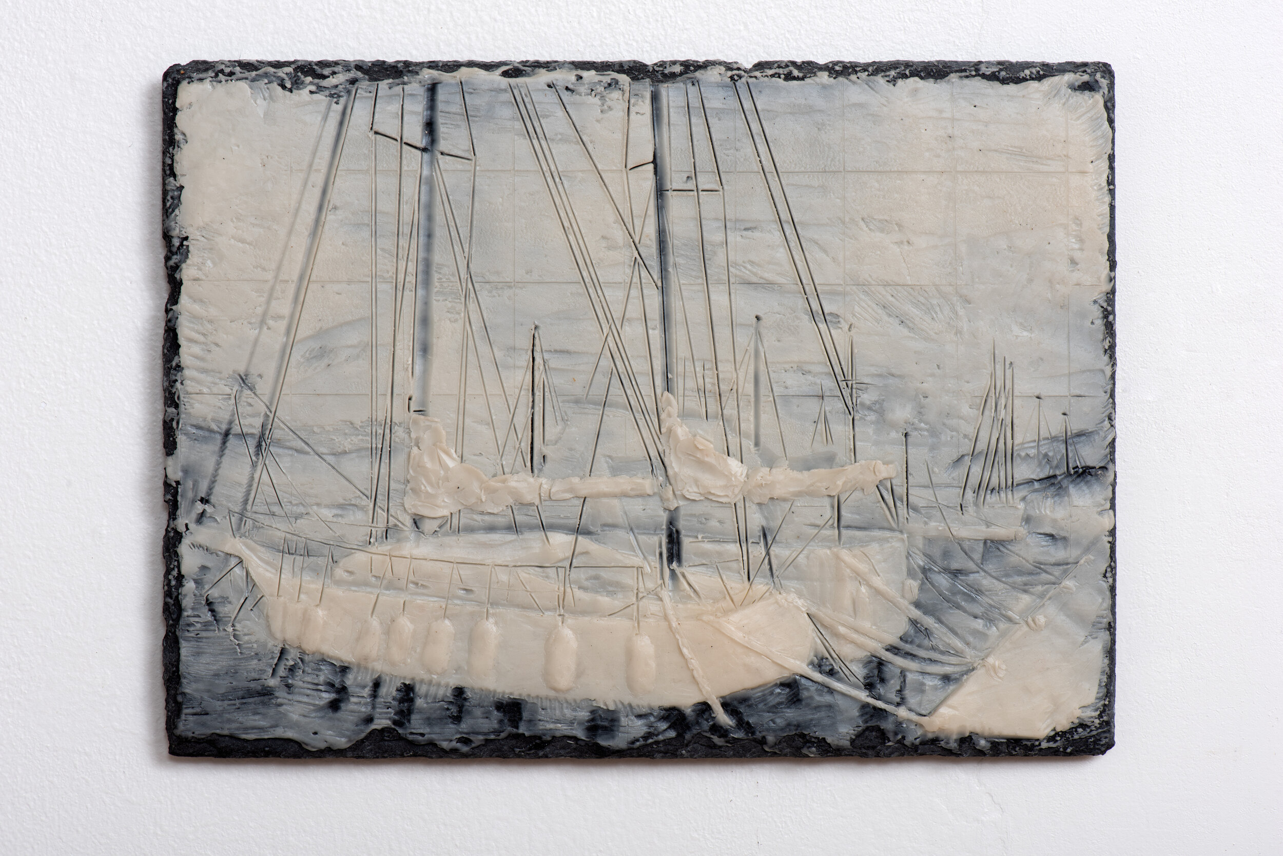   Postcard II , 2019  Encaustic on slate  6 1/4 x 8 1/2 x 1/4 inches 