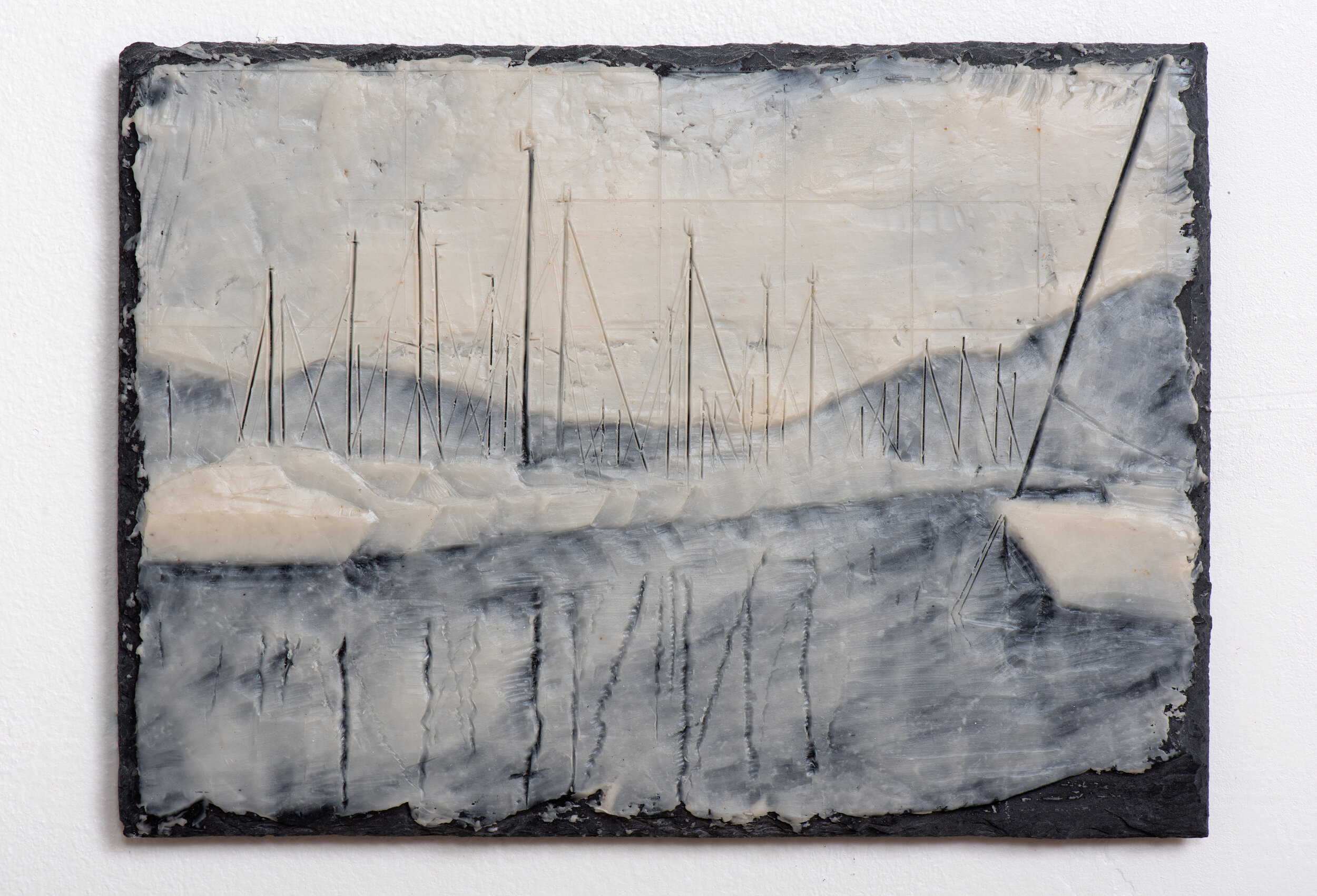   Postcard III , 2019  Encaustic on slate  6 1/4 x 8 1/2 x 1/4 inches 