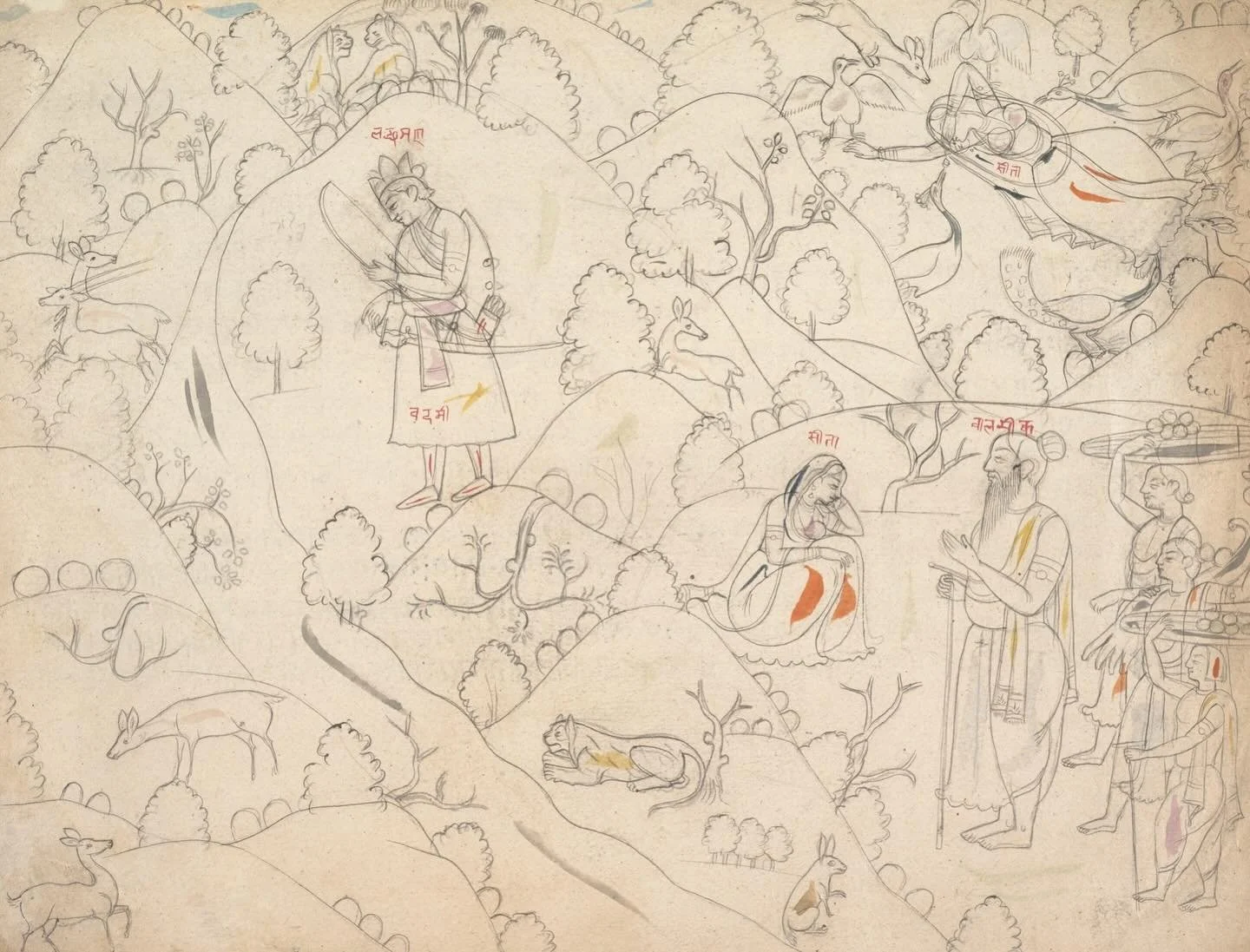 page from a dispersed ramayana, graphite with color on paper, 19th century, india