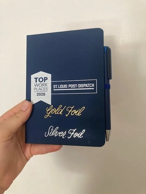 Hot foiled notebook test with words gold foil and silver foil in calligraphy on notebook for the St. Louis Post Dispatch