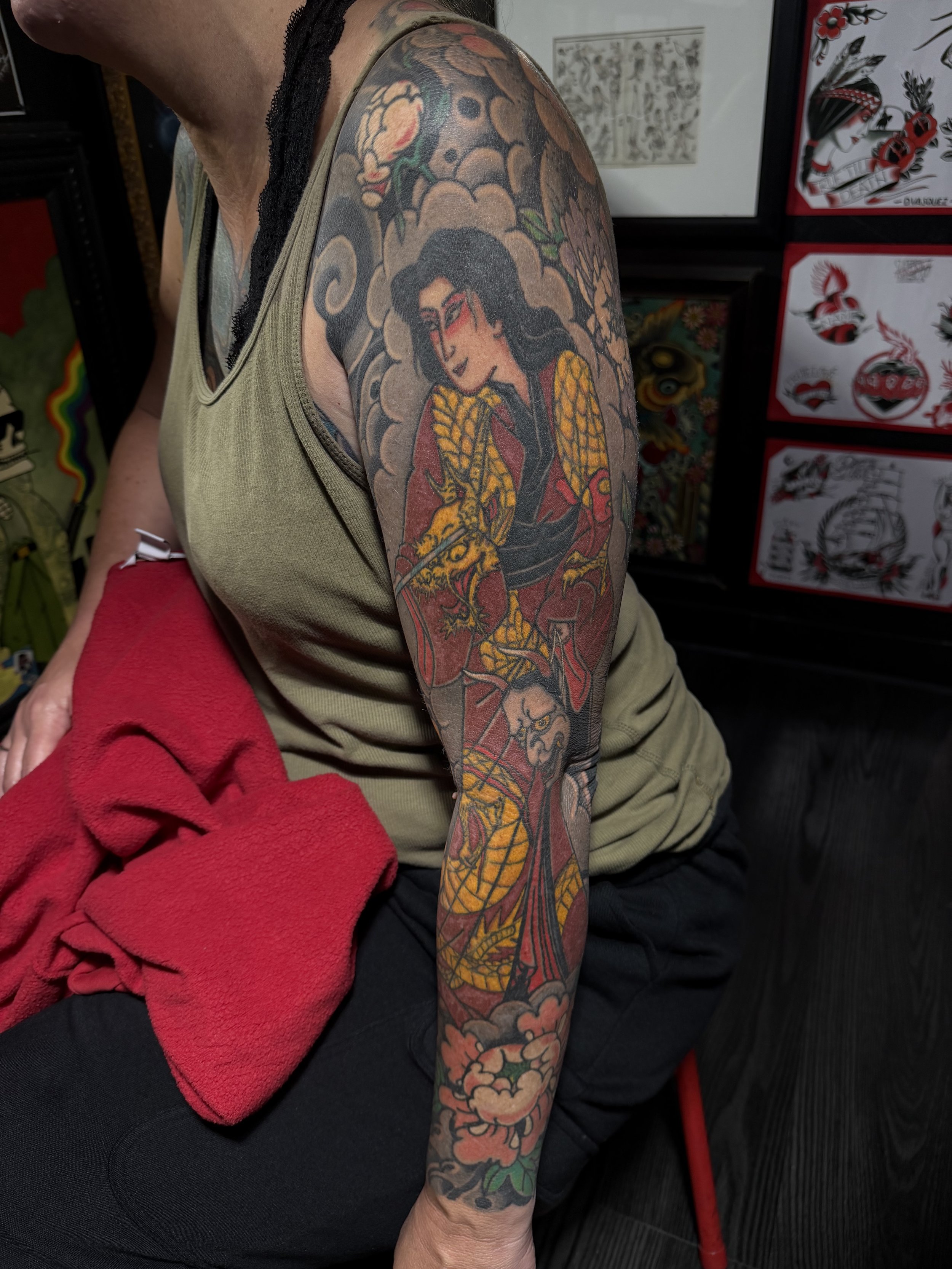 Japanese irezumi geisha sleeve tattoo by Dominic Vasquez at Superfly Tattoo in San Diego, California