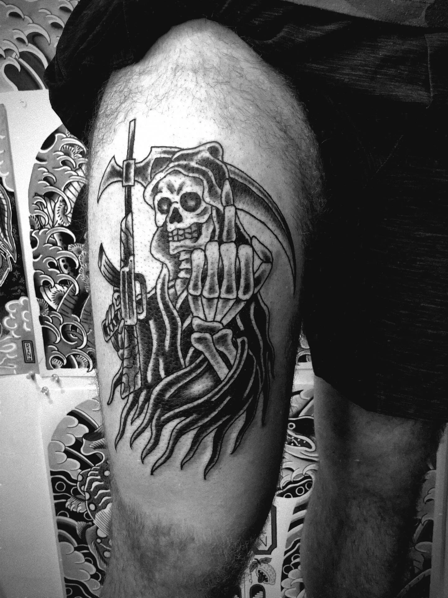 Reaper by Robert Nava @ghosthandsart 
&bull;
Your idea or ours
We have 100&rsquo;s of designs ready to go! 
&bull;
Walk-ins welcome
Thursday- Monday 11am-11pm
Tuesdays/Wed 11am-9pm
&bull;
#sandiego #sandiegotattoo #sicktatzonly #sd #tradtattoo