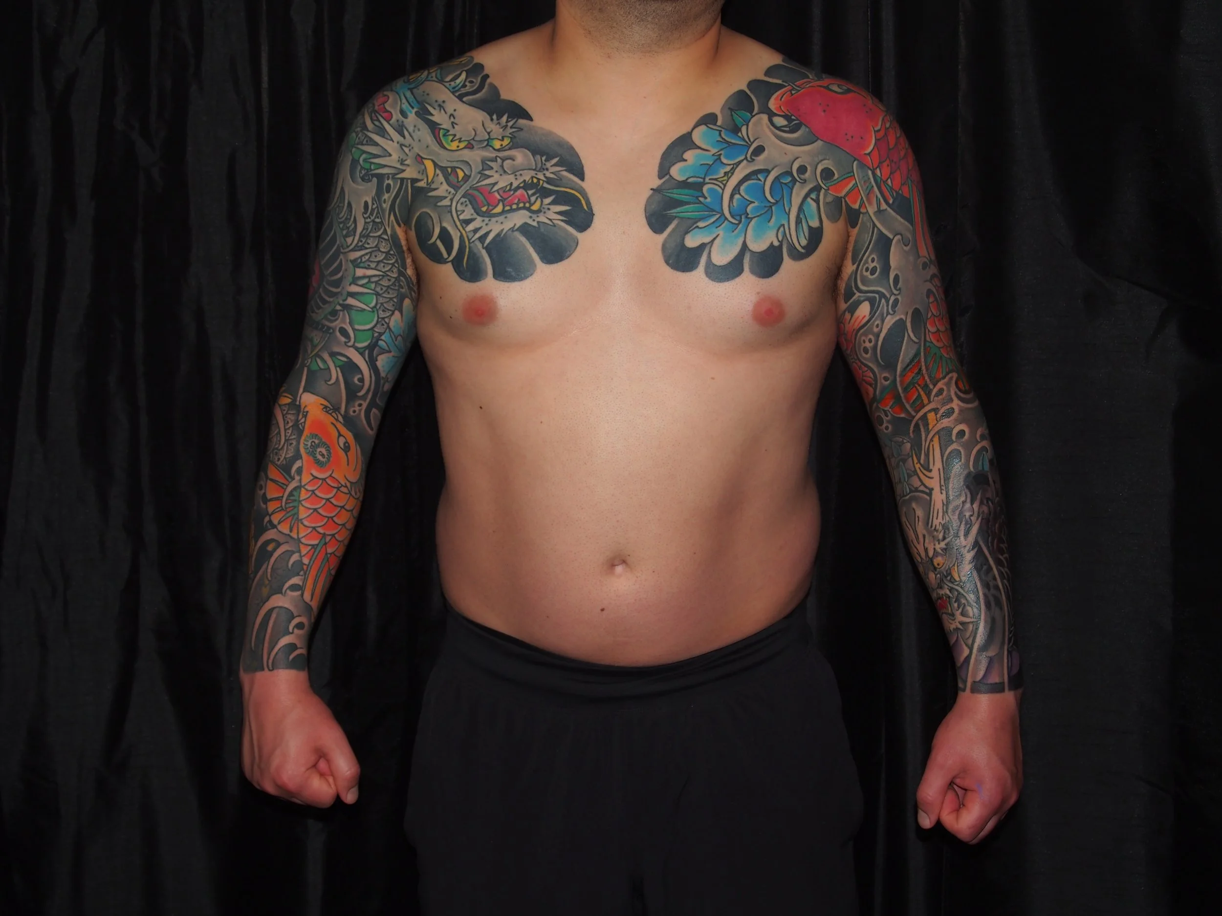 Japanese irezumi koi and dragon sleeve tattoo by Dominic Vasquez at Superfly Tattoo in San Diego, California