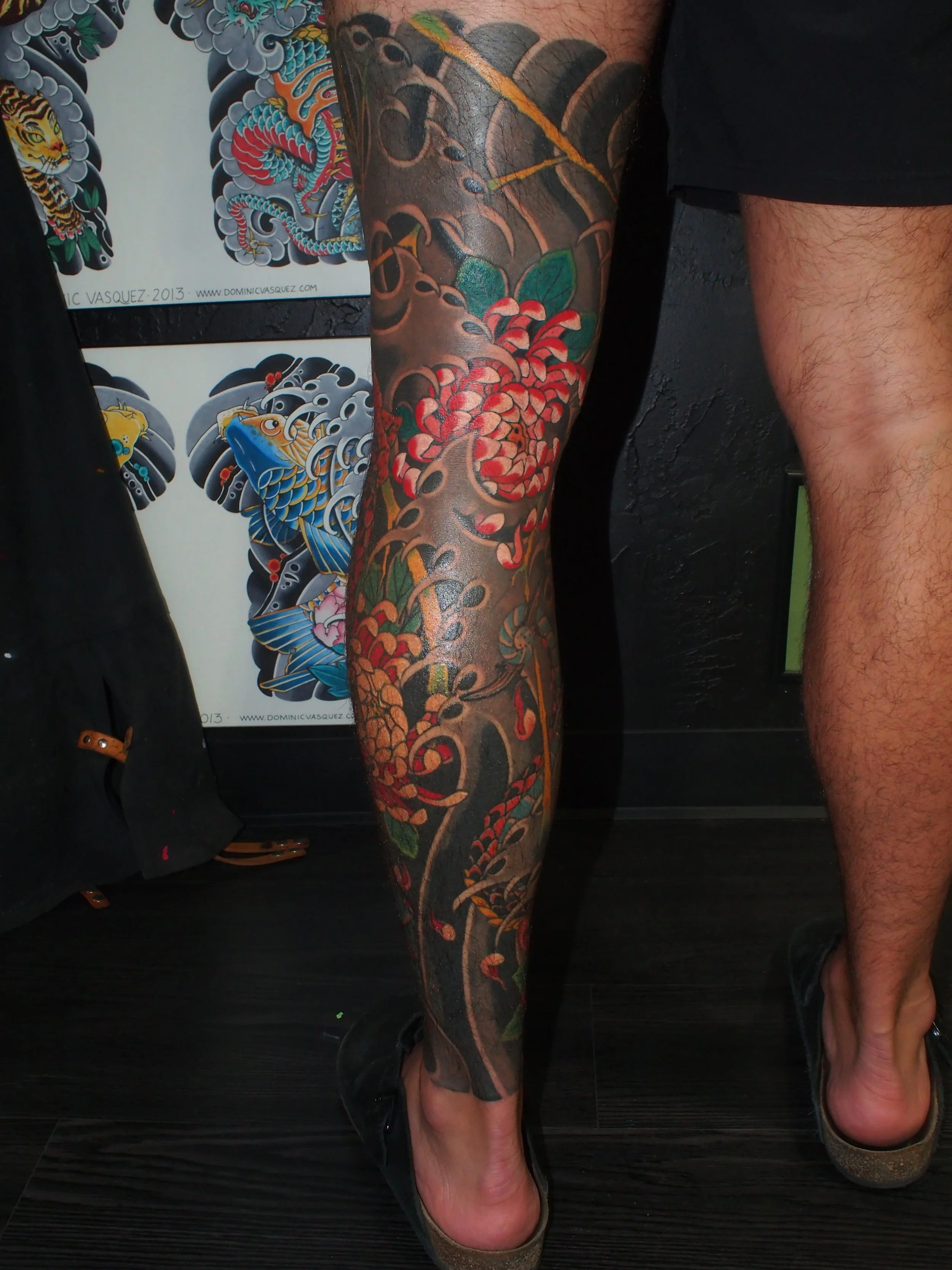 Japanese irezumi dragon leg sleeve tattoo by Dominic Vasquez at Superfly Tattoo in San Diego, California