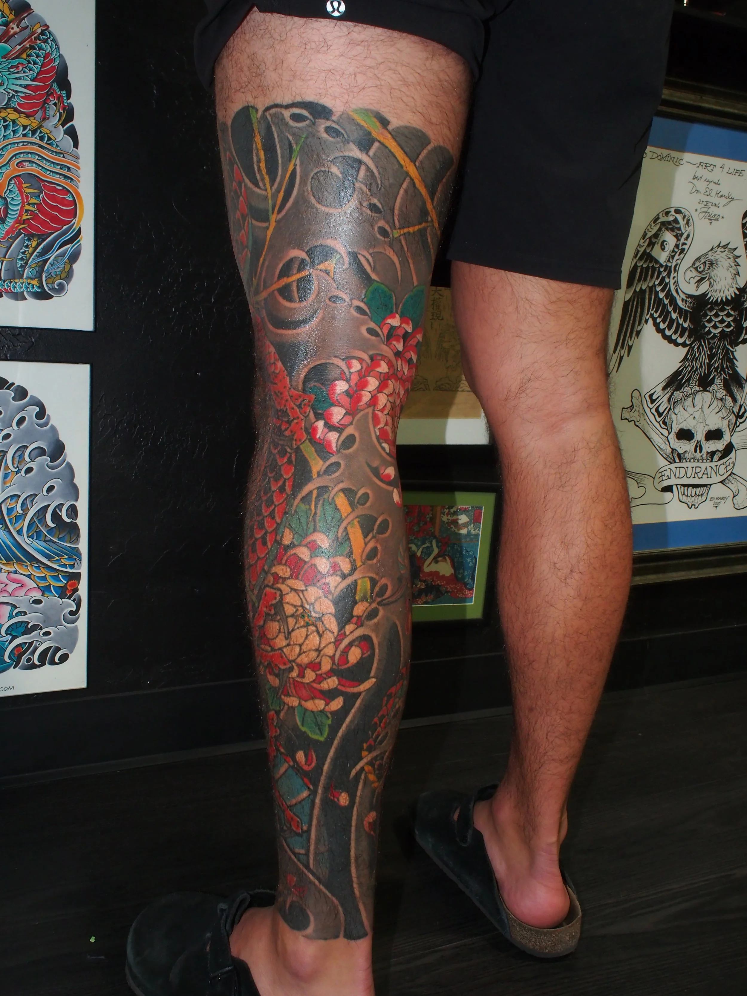 Japanese irezumi dragon leg sleeve tattoo by Dominic Vasquez at Superfly Tattoo in San Diego, California