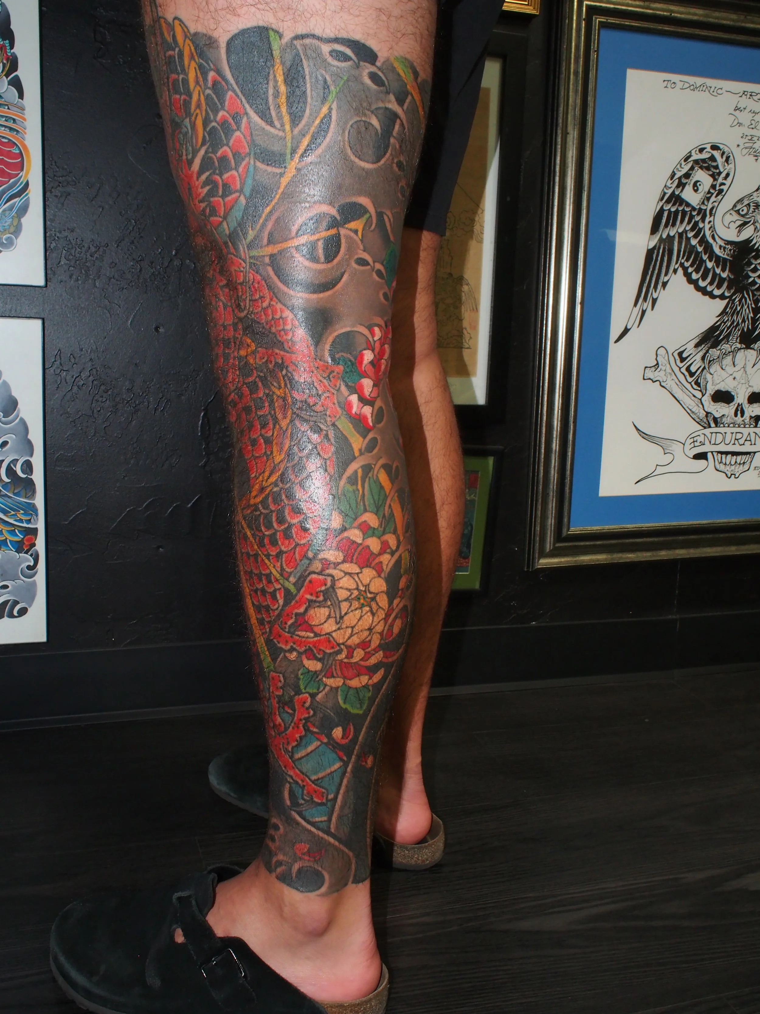 Japanese irezumi dragon leg sleeve tattoo by Dominic Vasquez at Superfly Tattoo in San Diego, California