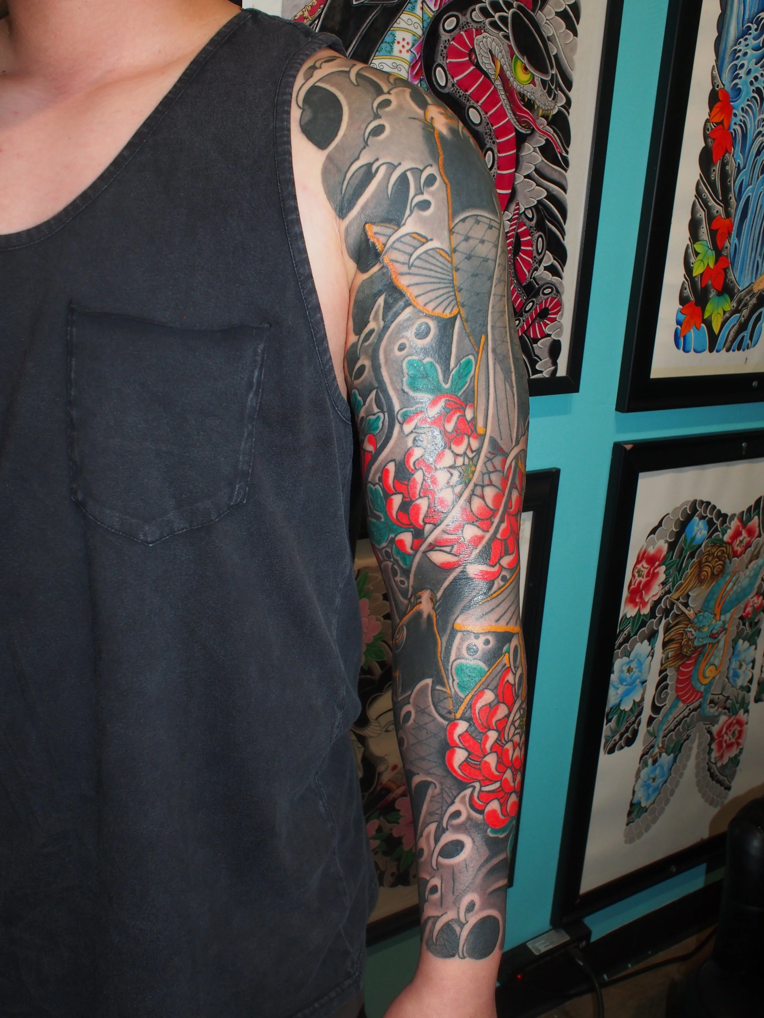 Japanese irezumi koi sleeve tattoo by Dominic Vasquez at Superfly Tattoo in San Diego, California