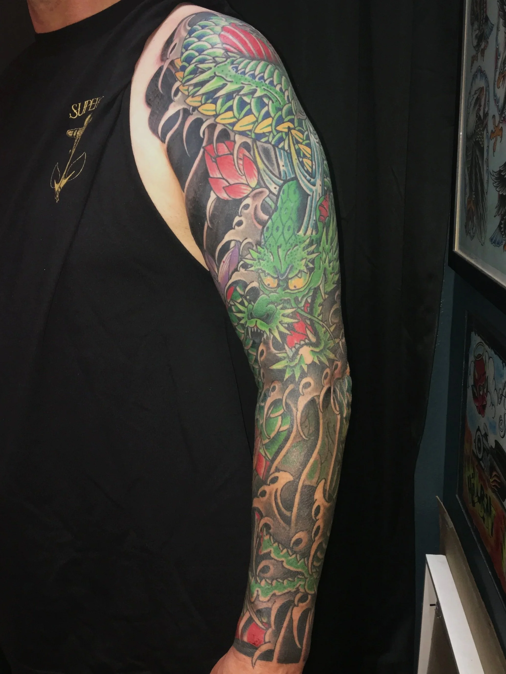 Japanese irezumi dragon sleeve tattoo by Dominic Vasquez at Superfly Tattoo in San Diego, California