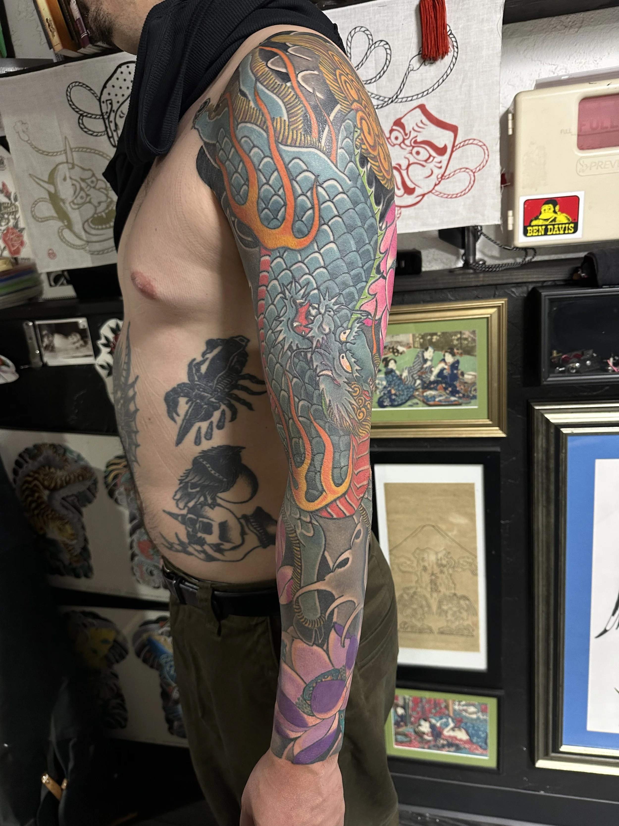 Japanese irezumi kirin sleeve tattoo by Dominic Vasquez at Superfly Tattoo in San Diego, California