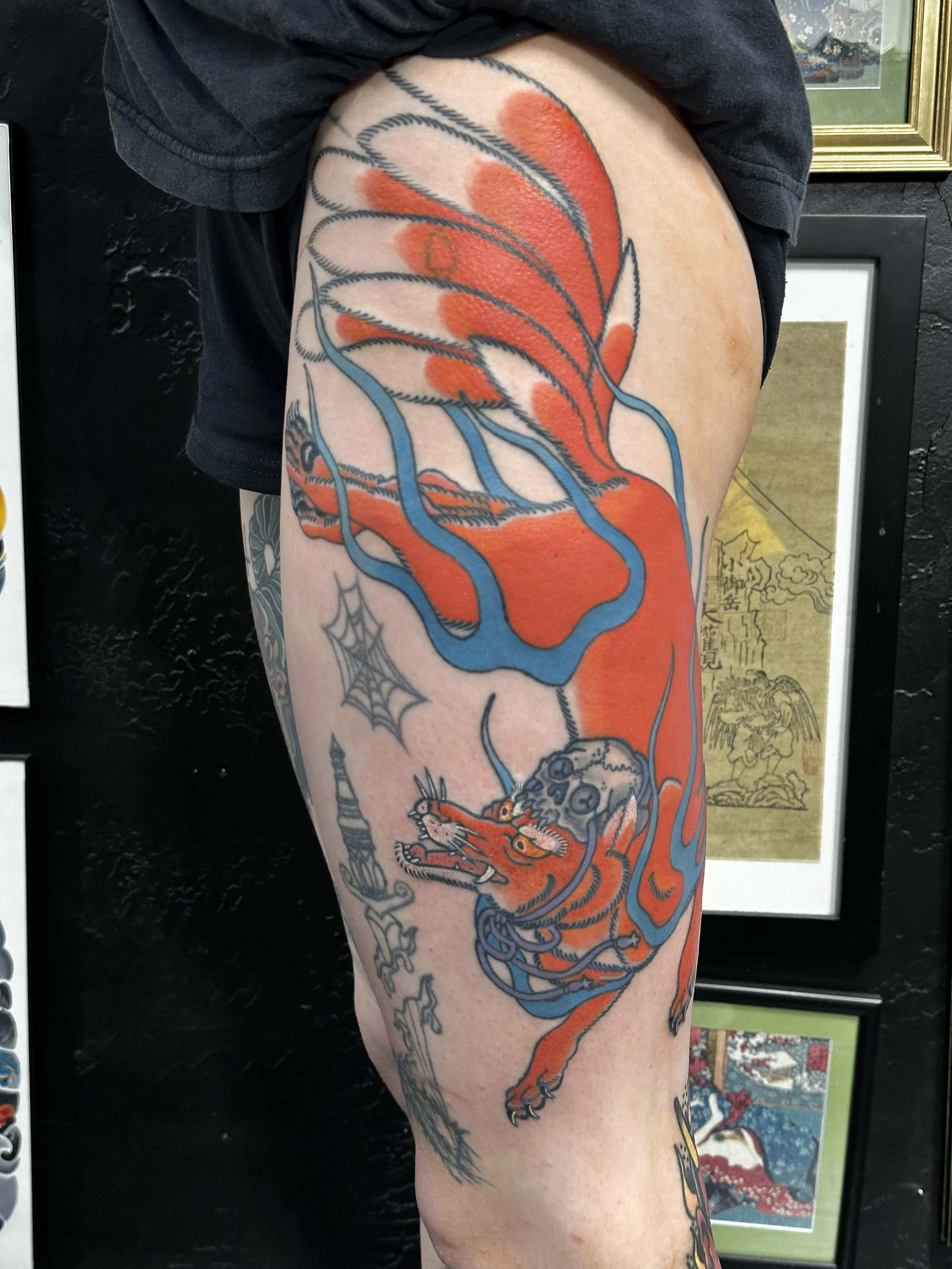 Japanese irezumi kitsune thigh tattoo by Dominic Vasquez at Superfly Tattoo in San Diego, California