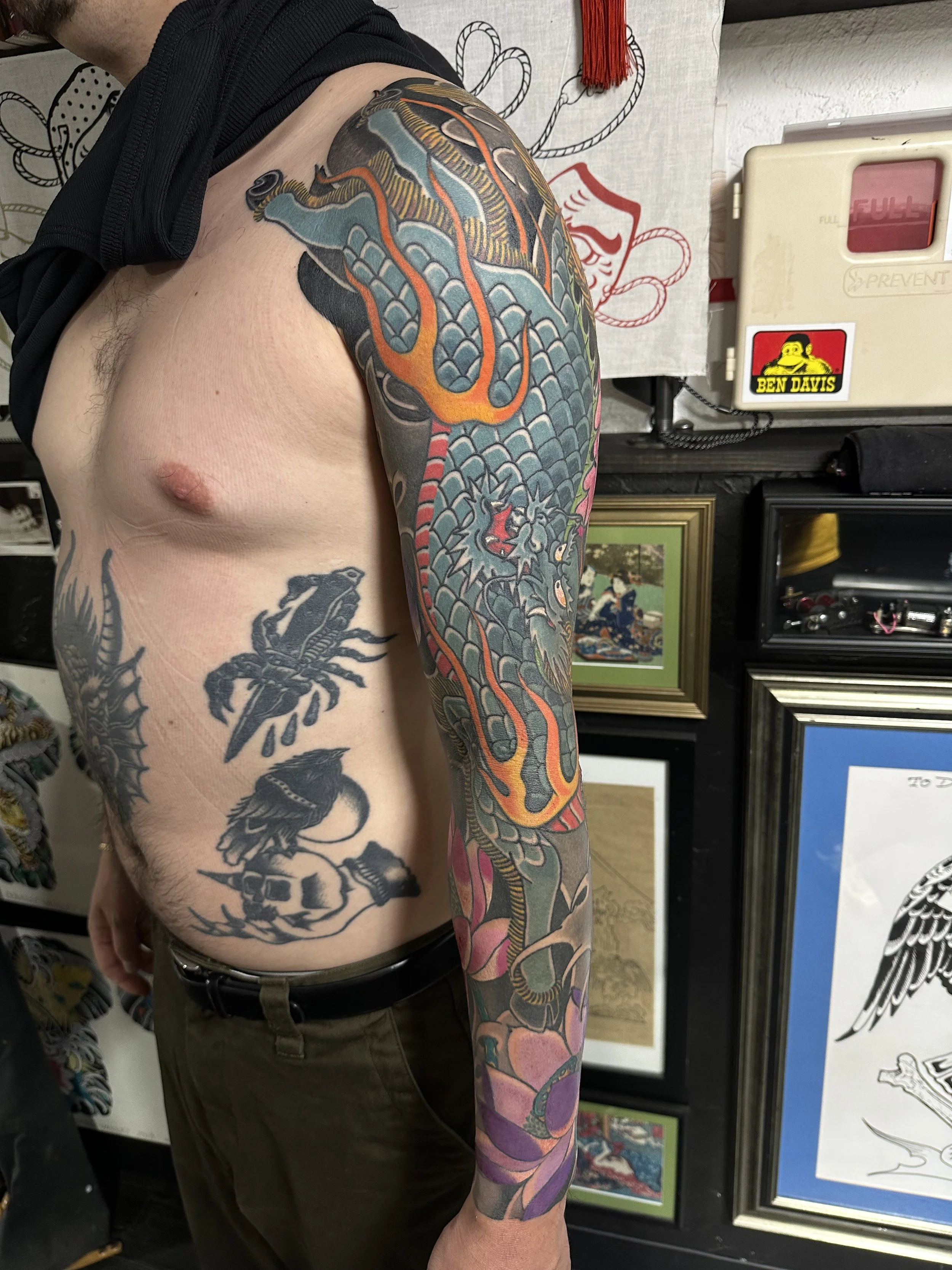 Japanese irezumi kirin sleeve tattoo by Dominic Vasquez at Superfly Tattoo in San Diego, California
