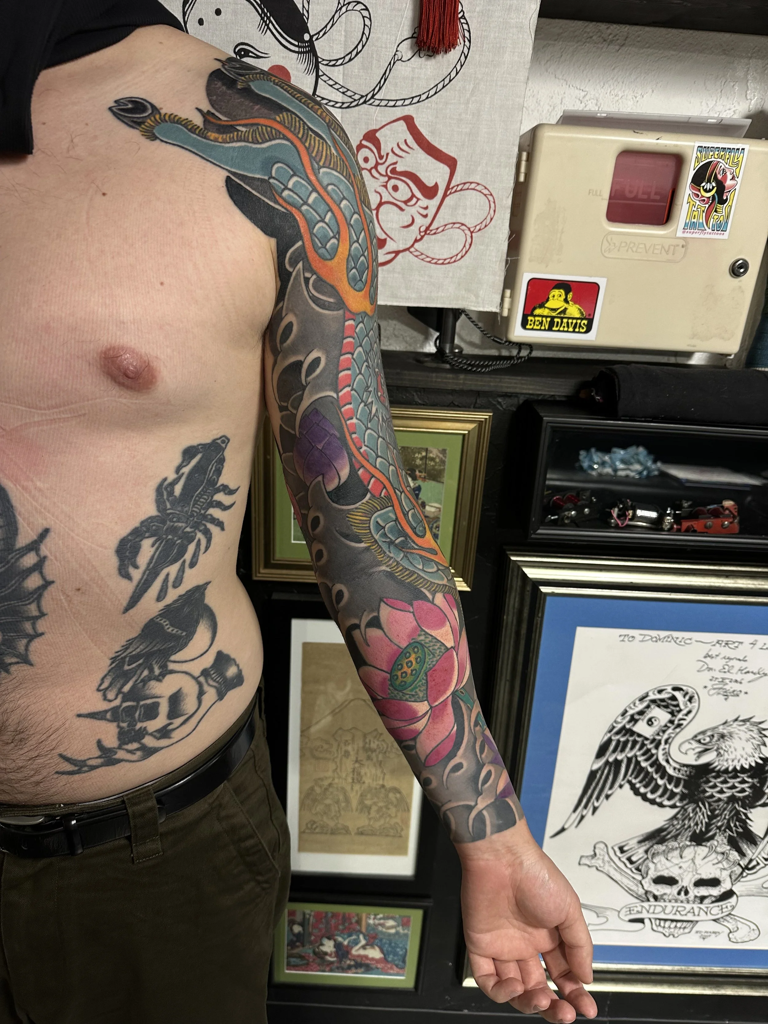Japanese irezumi kirin sleeve tattoo by Dominic Vasquez at Superfly Tattoo in San Diego, California