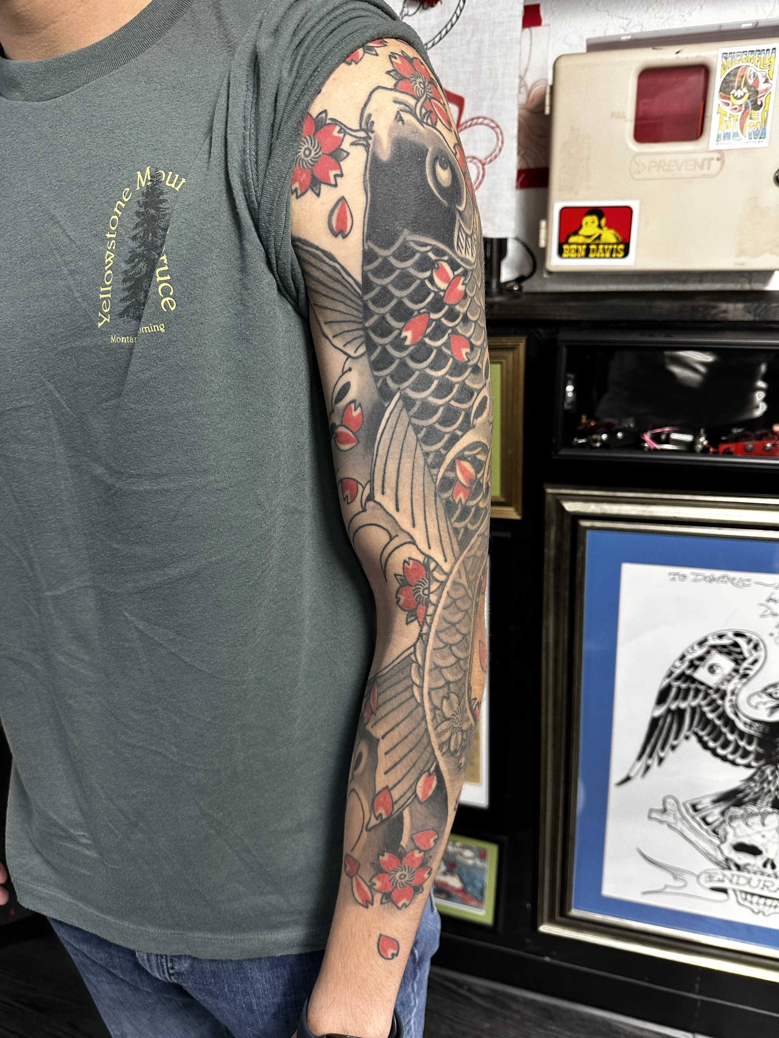 Japanese irezumi koi and cherry blossom sleeve tattoo by Dominic Vasquez at Superfly Tattoo in San Diego, California