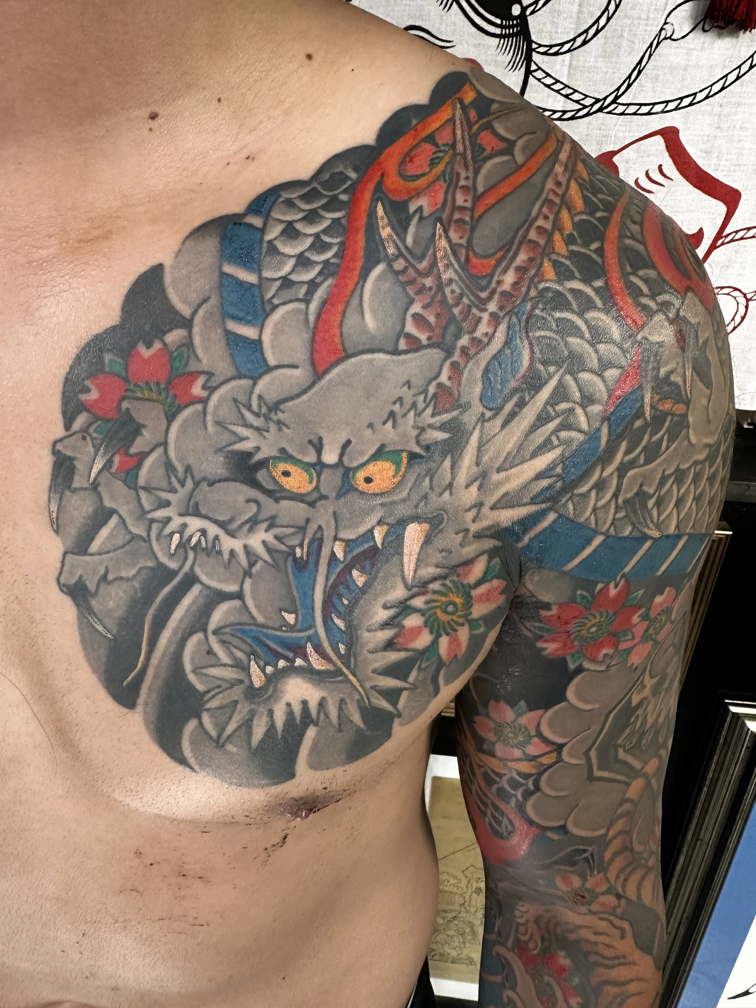 Japanese irezumi dragon sleeve tattoos by Dominic Vasquez at Superfly Tattoo in San Diego, California