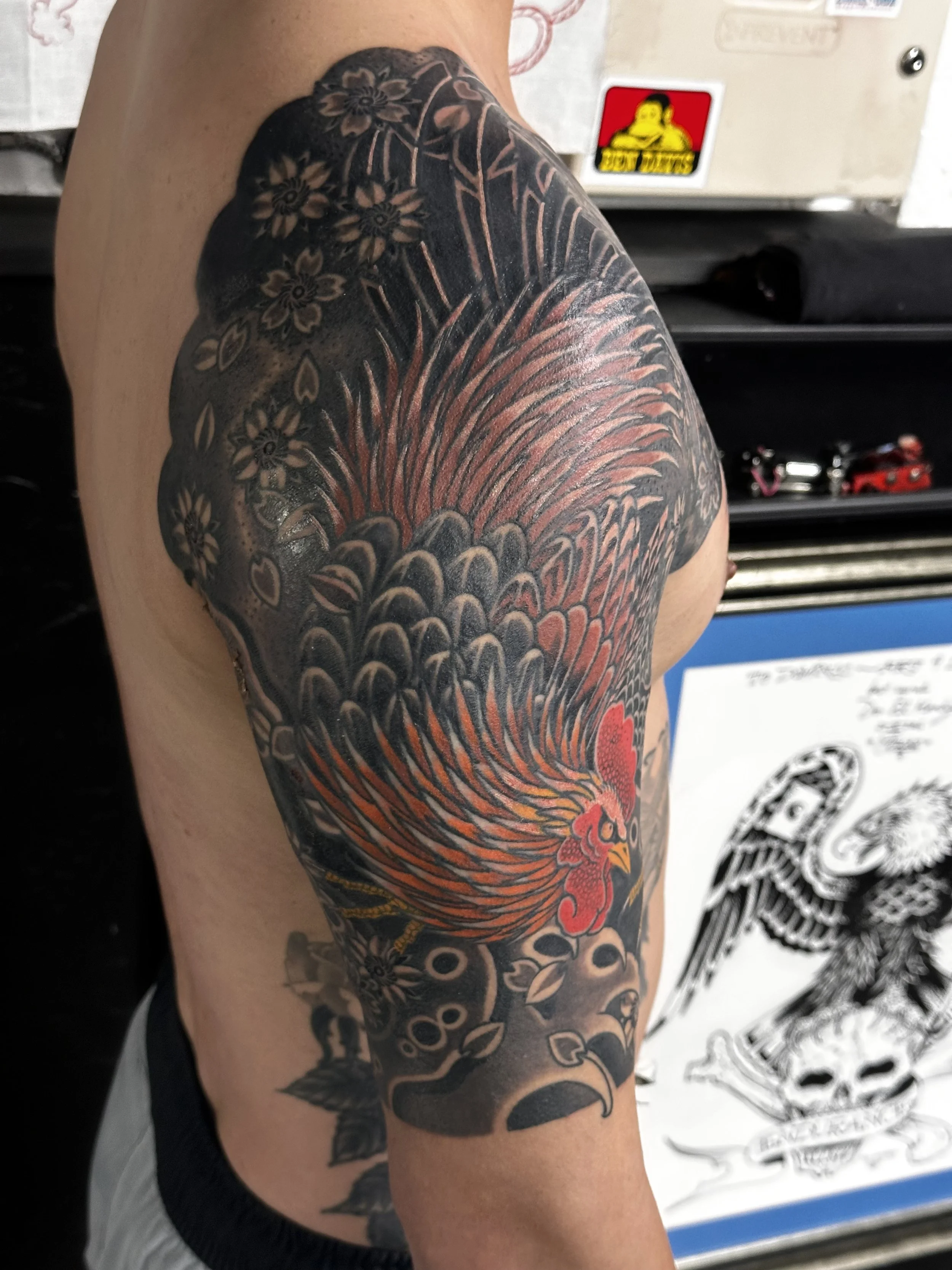 Japanese irezumi rooster half sleeve tattoos by Dominic Vasquez at Superfly Tattoo in San Diego, California