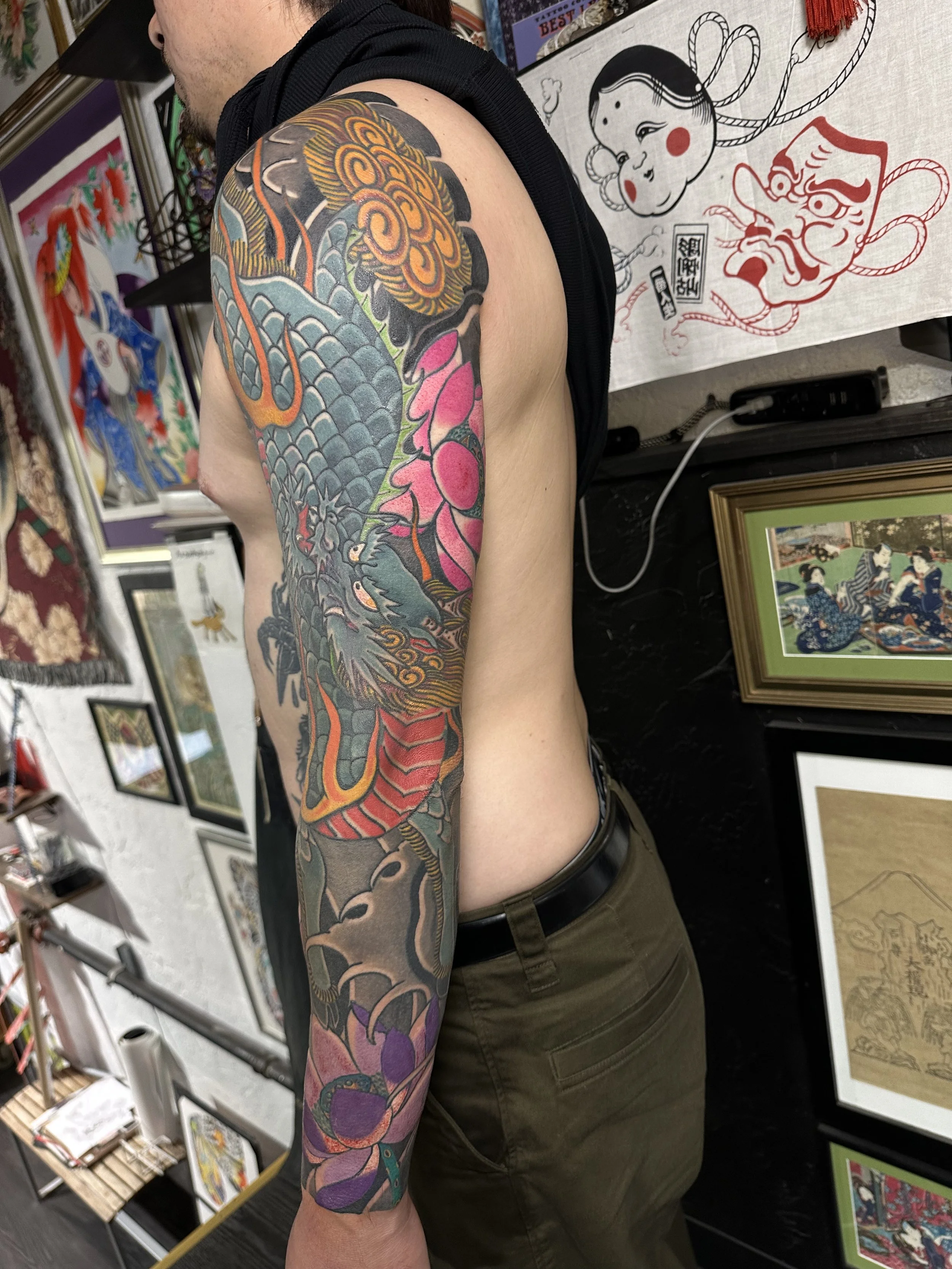 Japanese irezumi kirin sleeve tattoo by Dominic Vasquez at Superfly Tattoo in San Diego, California