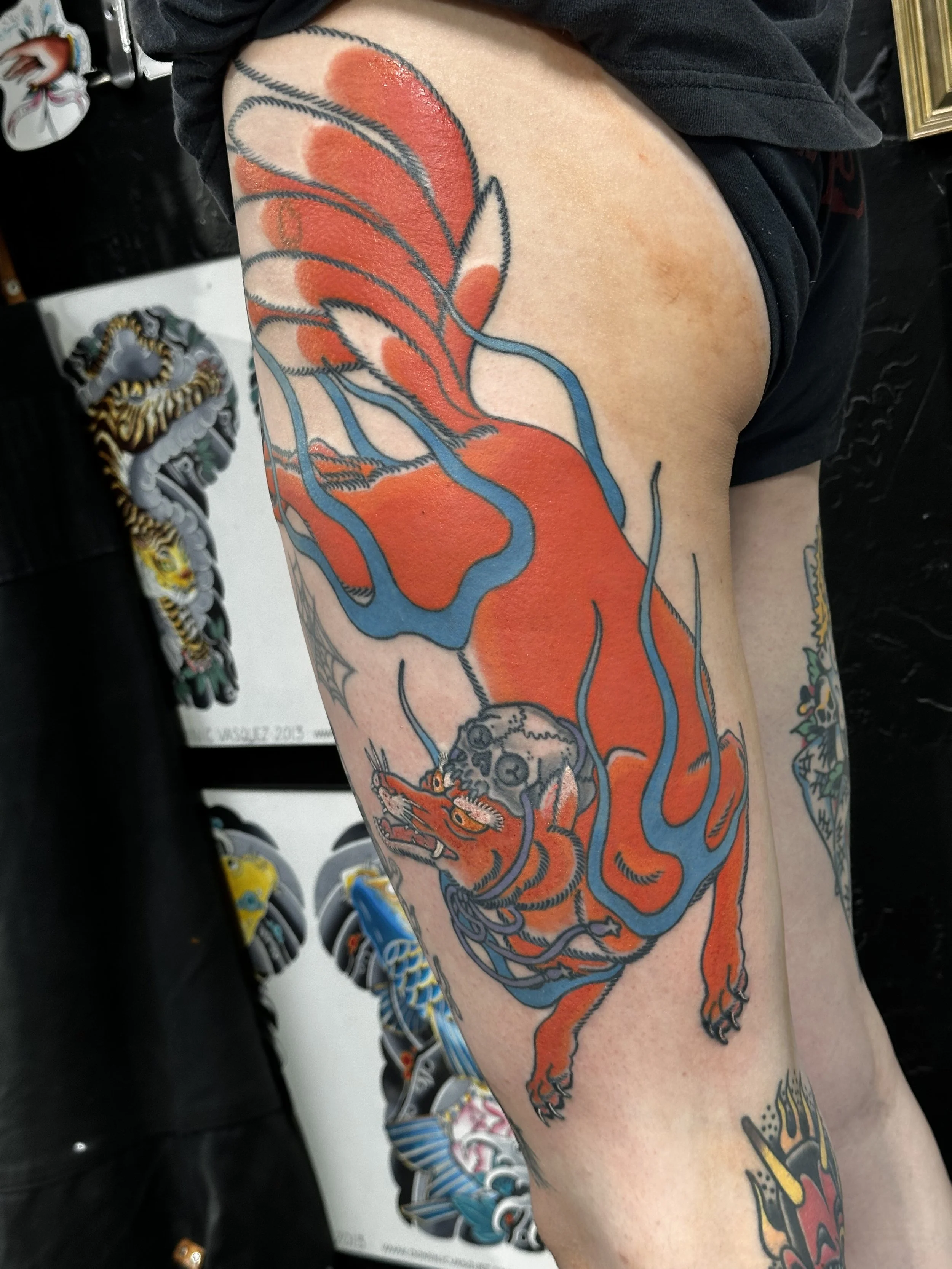 Japanese irezumi kitsune thigh tattoo by Dominic Vasquez at Superfly Tattoo in San Diego, California