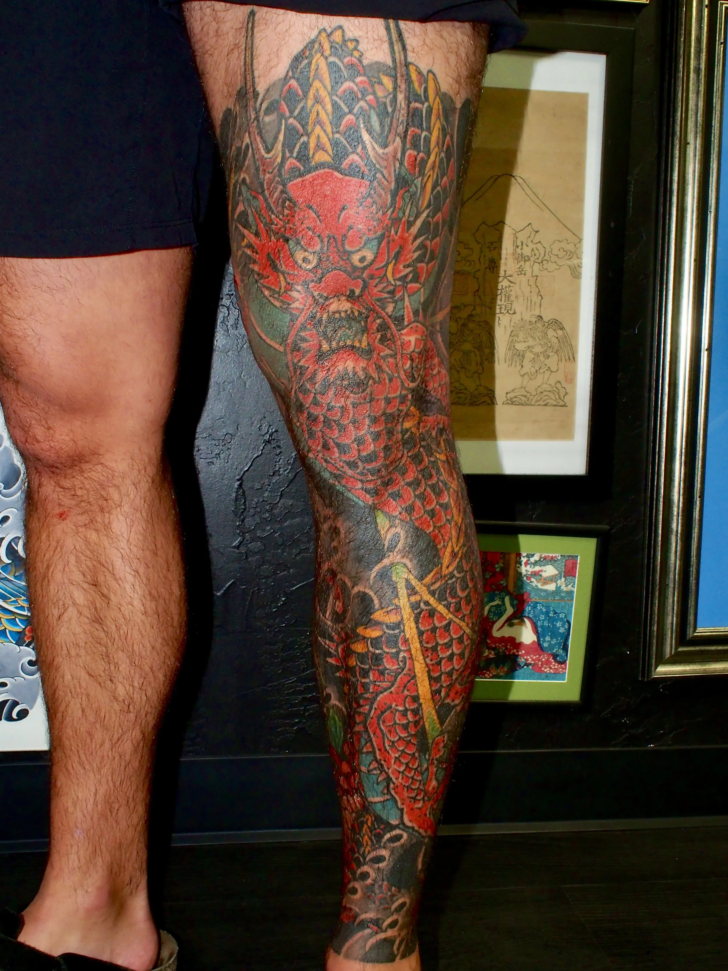 Japanese irezumi dragon leg sleeve tattoo by Dominic Vasquez at Superfly Tattoo in San Diego, California