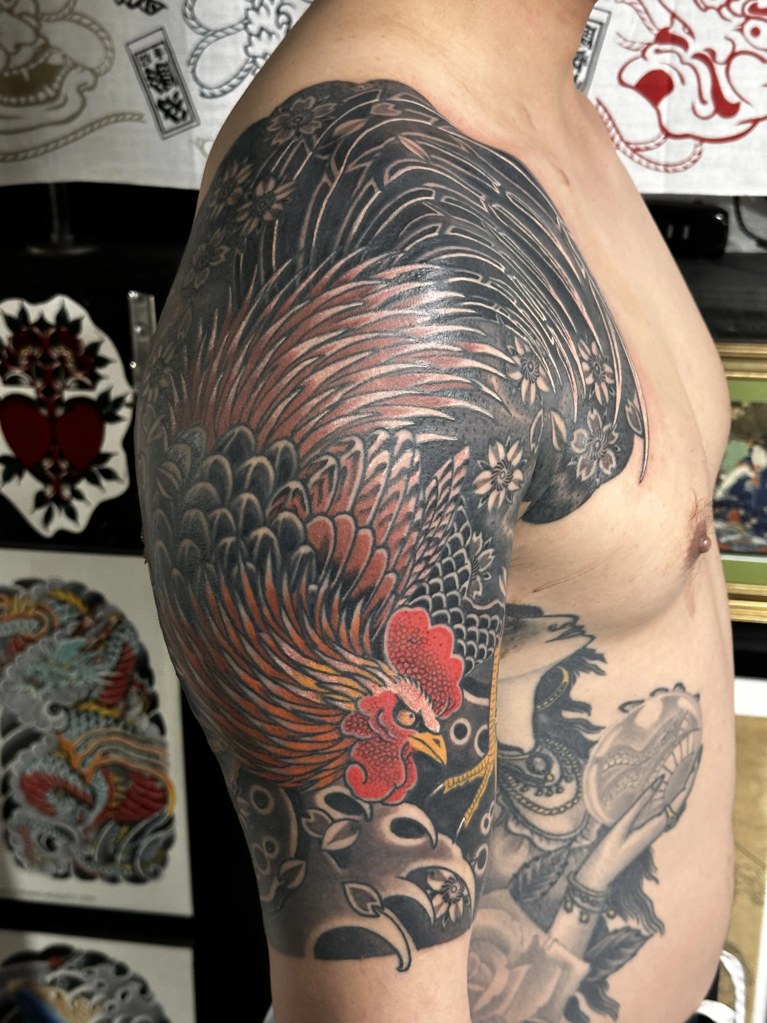 Japanese irezumi rooster half sleeve tattoos by Dominic Vasquez at Superfly Tattoo in San Diego, California