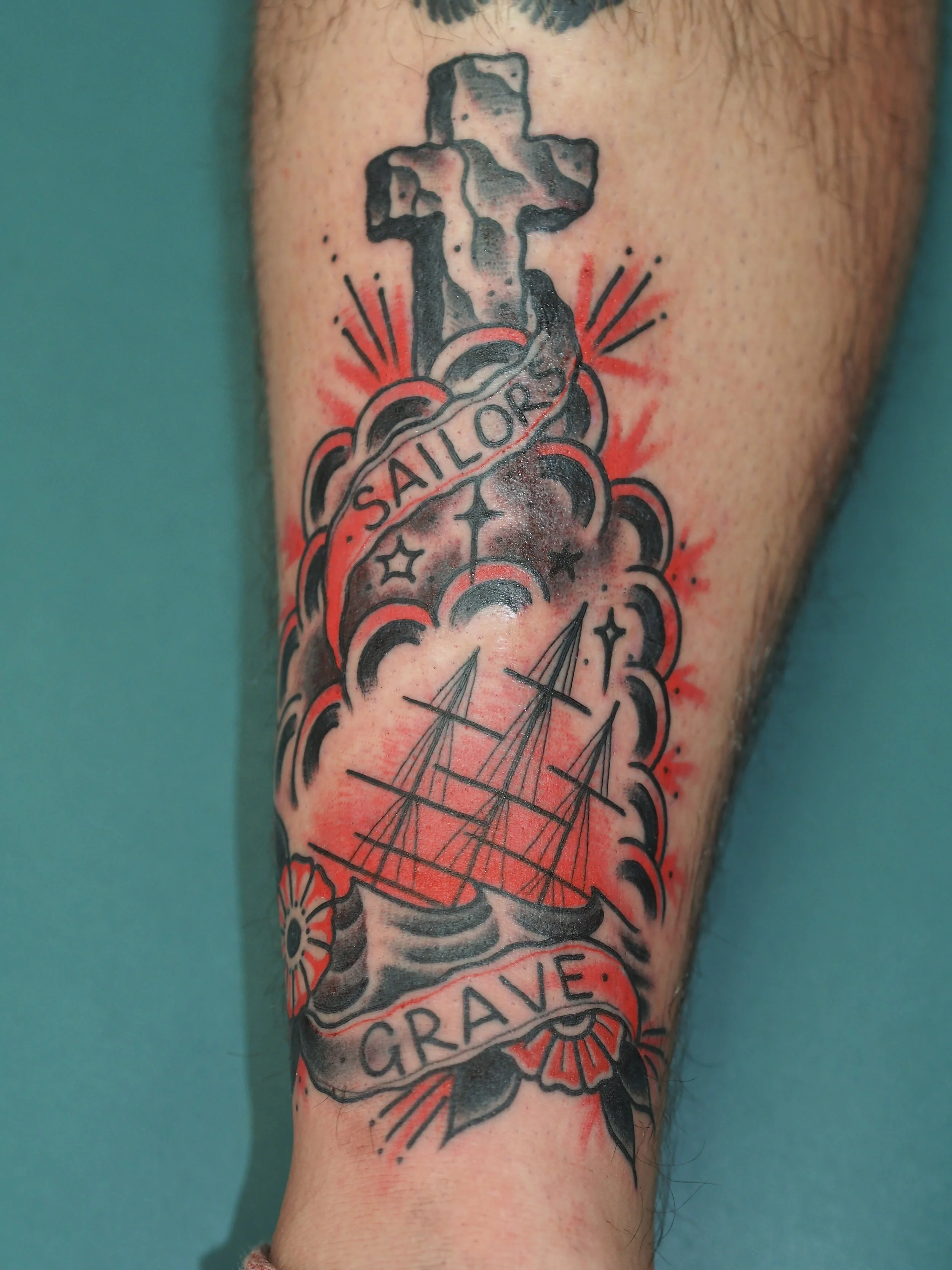 American traditional sailors grave tattoo by Dominic Vasquez at Superfly Tattoo in San Diego, California