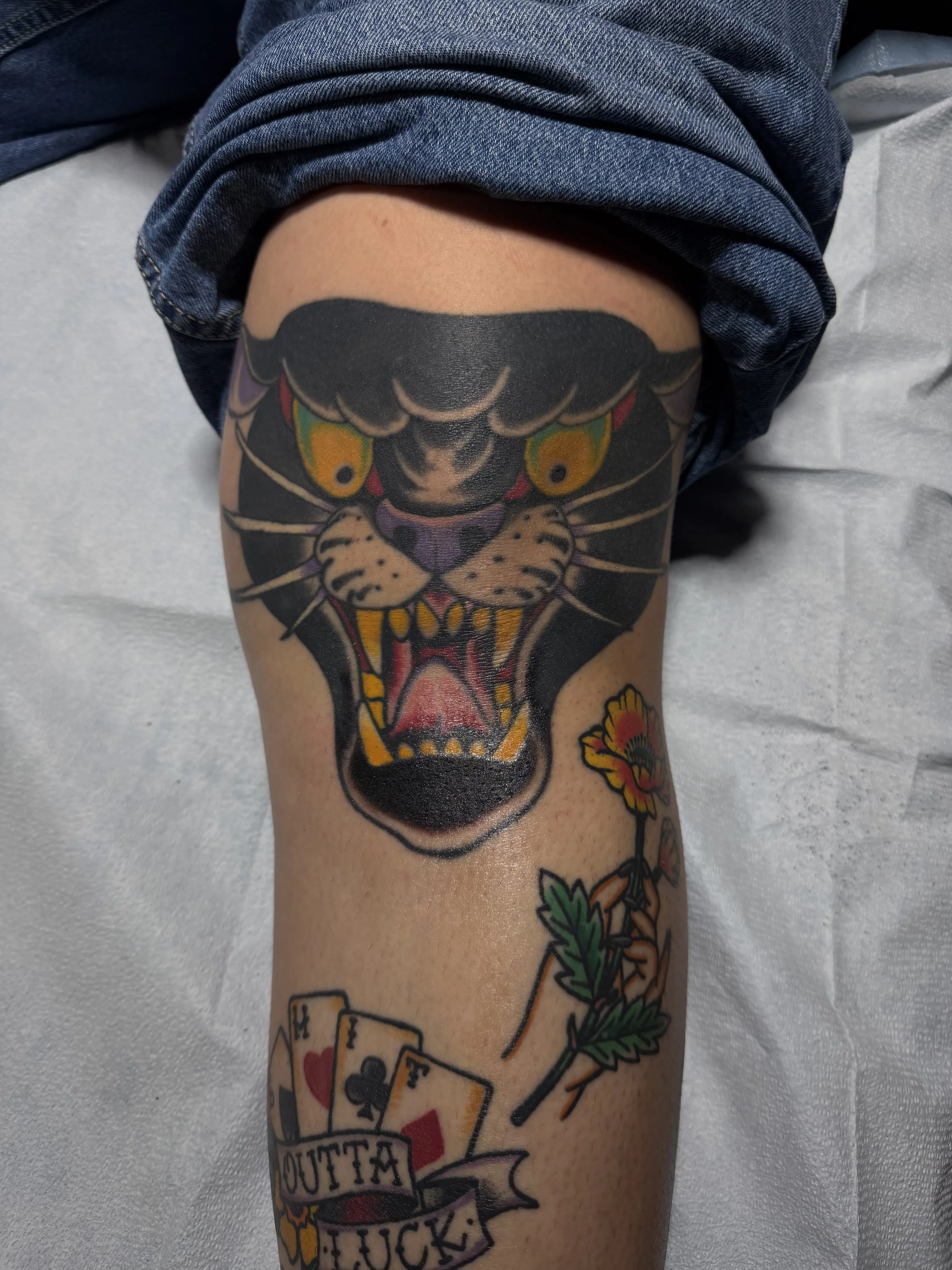 American traditional panther knee tattoo by Dominic Vasquez at Superfly Tattoo in San Diego, California
