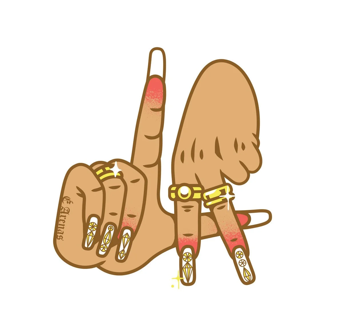 Cartoon illustration of two hands with gold rings, bracelets, and long nails, one hand showing the middle finger in a raised gesture.