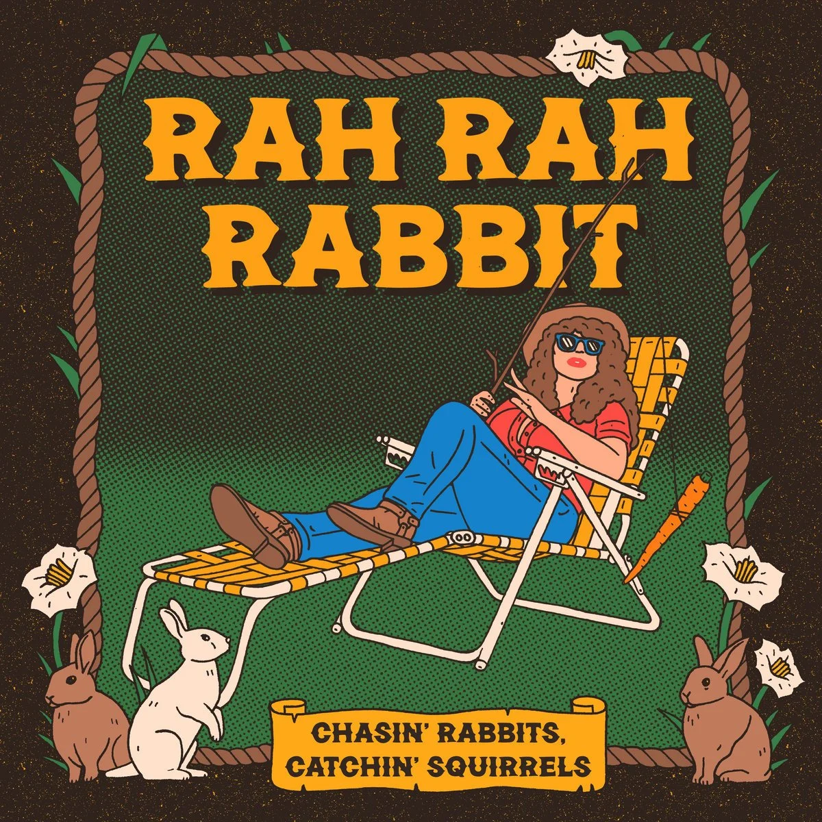 An illustration of a woman wearing sunglasses, sitting on a lounge chair with a fishing rod, surrounded by white and brown rabbits, with a background of dark speckled sky and white lily flowers. The text reads 'Rah Rah Rabbit' and 'Chasin' Rabbits, Catchin' Squirrels'.