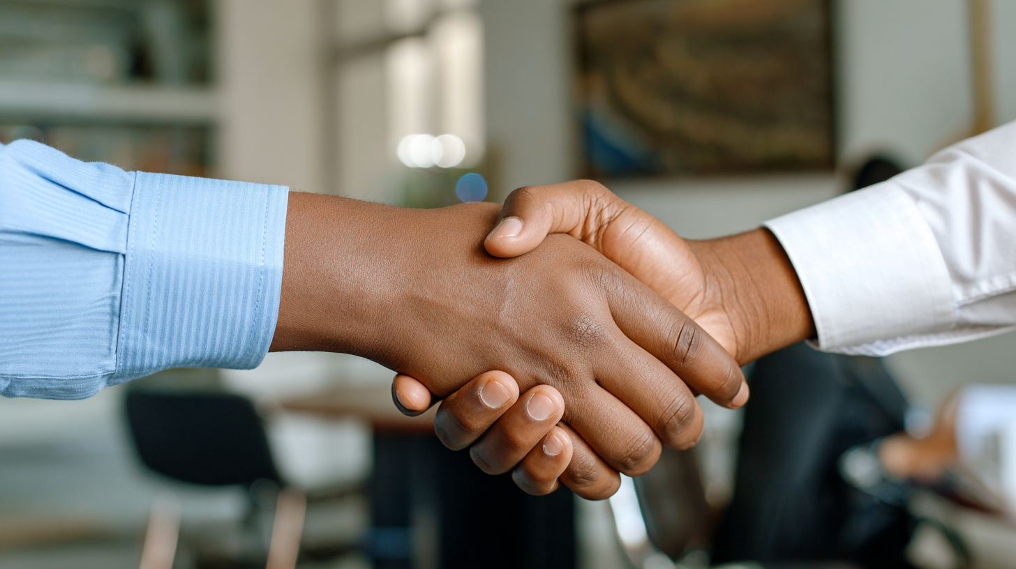  A close-up, medium shot of a handshake between two individuals with dark skin tones. One person wears a long-sleeved, light blue striped dress shirt with the cuff visible, while the other wears a white long-sleeved dress shirt. Their hands are clasp