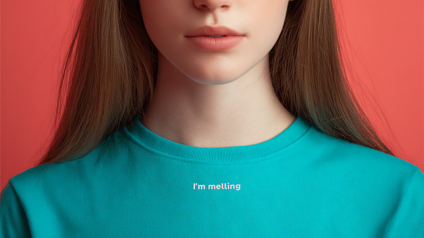  A high-resolution, photorealistic studio portrait, captured with a shallow depth of field, focusing sharply on the upper torso and head of a young person. The subject is wearing a perfectly fitted, crew-neck, short-sleeved t-shirt in a vibrant, slig