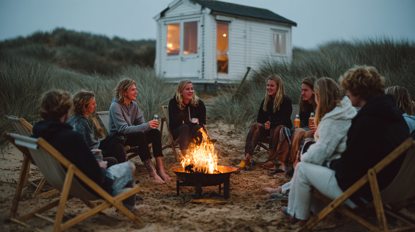  A cozy, atmospheric outdoor photograph of a group of approximately seven young adults gathered around a small, glowing campfire in a rustic setting. They are sitting on sandy or muddy ground, some on foldable canvas chairs (deck chairs), others dire