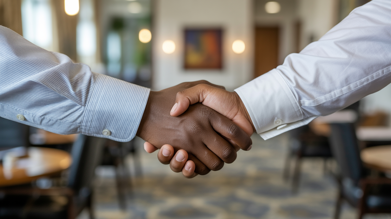  A close-up, medium shot of a handshake between two individuals with dark skin tones. One person wears a long-sleeved, light blue striped dress shirt with the cuff visible, while the other wears a white long-sleeved dress shirt. Their hands are clasp
