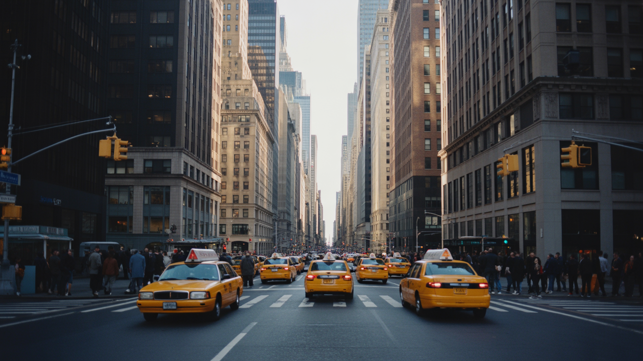  A classic, street-level wide shot looking down a bustling urban street lined with towering skyscrapers. The perspective is centered on the street, which stretches into the distance. Multiple yellow taxi cabs are driving both towards and away from th