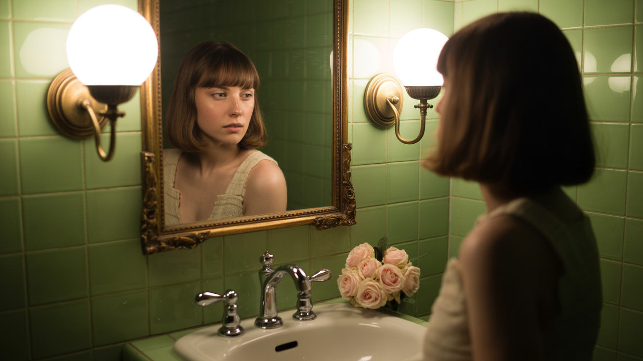  A surreal and intimate indoor portrait of a young woman with a long bob and bangs, seen both in a mirror and from a side angle. The woman looks directly into the camera from her reflection in a vintage-style, ornate gold-framed mirror mounted on a l