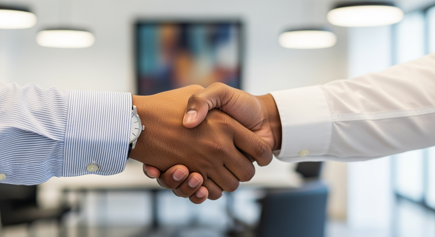  A close-up, medium shot of a handshake between two individuals with dark skin tones. One person wears a long-sleeved, light blue striped dress shirt with the cuff visible, while the other wears a white long-sleeved dress shirt. Their hands are clasp