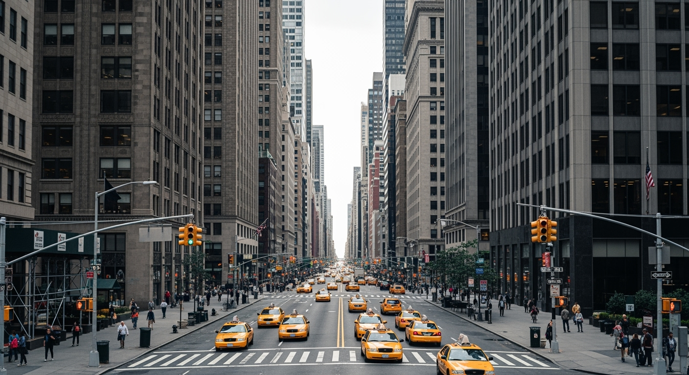  A classic, street-level wide shot looking down a bustling urban street lined with towering skyscrapers. The perspective is centered on the street, which stretches into the distance. Multiple yellow taxi cabs are driving both towards and away from th