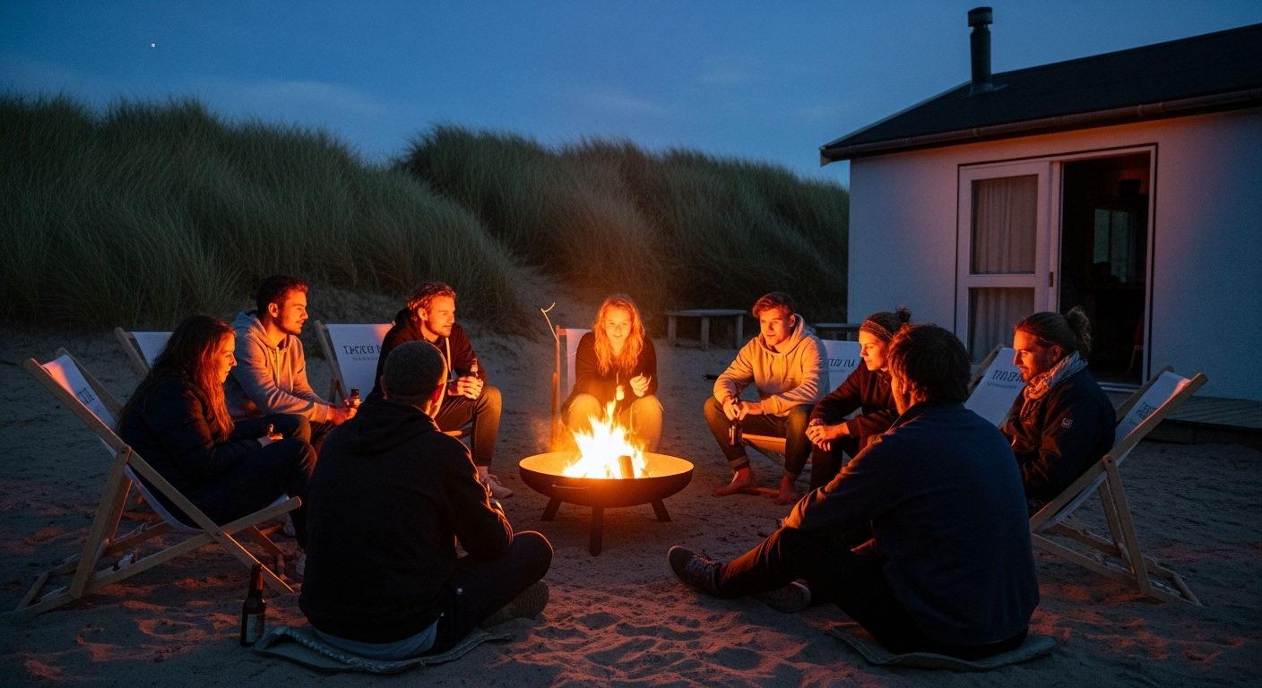  A cozy, atmospheric outdoor photograph of a group of approximately seven young adults gathered around a small, glowing campfire in a rustic setting. They are sitting on sandy or muddy ground, some on foldable canvas chairs (deck chairs), others dire