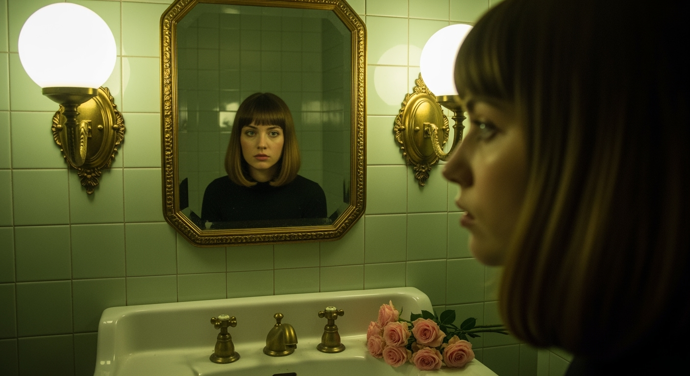  A surreal and intimate indoor portrait of a young woman with a long bob and bangs, seen both in a mirror and from a side angle. The woman looks directly into the camera from her reflection in a vintage-style, ornate gold-framed mirror mounted on a l